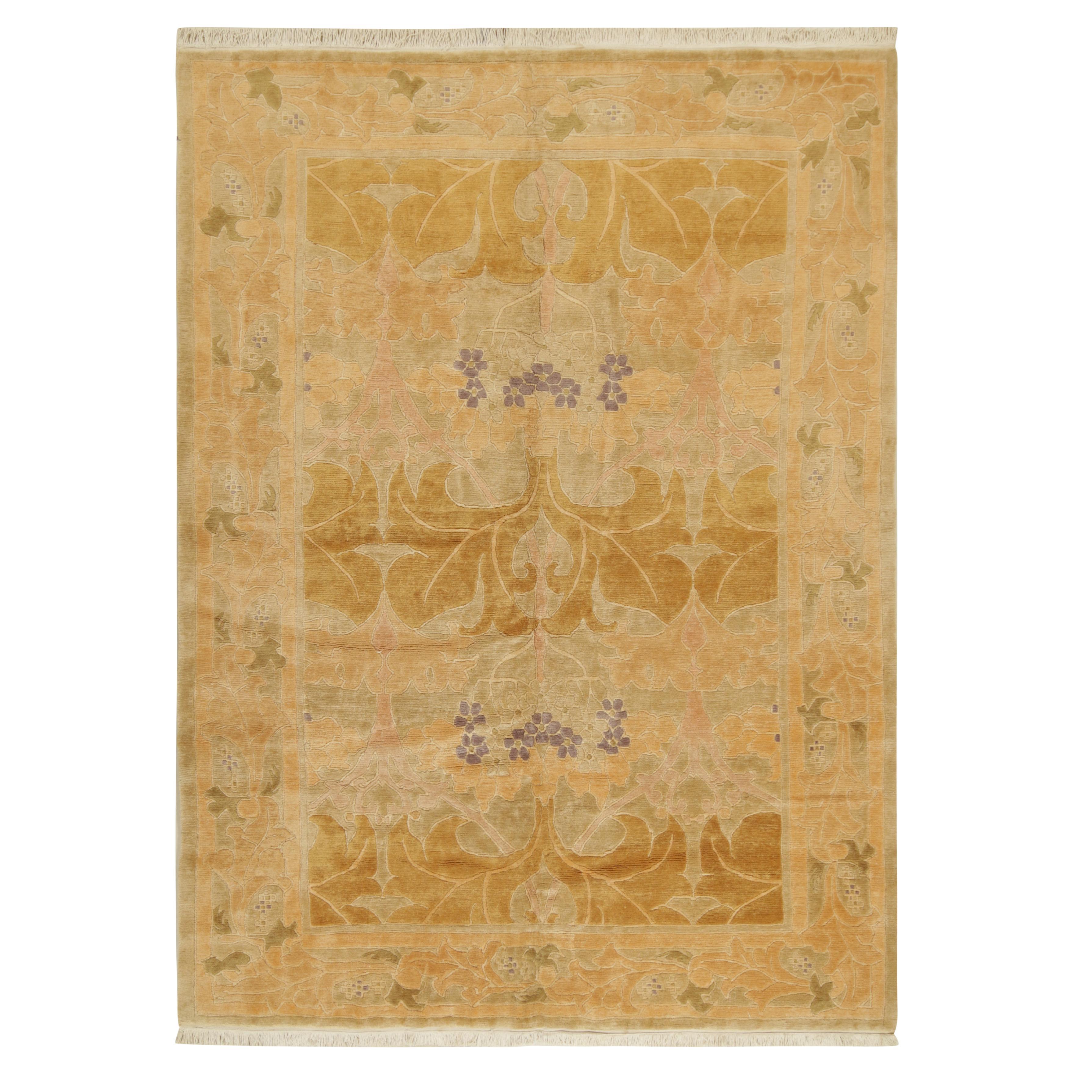 Rug & Kilim’s European Art Nouveau Style Rug in Beige and Gold Floral Pattern For Sale