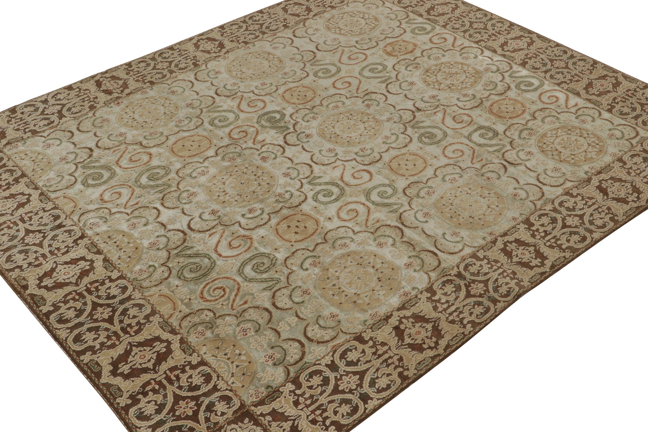 An 8x10 rug inspired from antique Spanish Art Nouveau rug styles, from Rug & Kilim’s European Collection. Hand-knotted in wool and silk, playing an exceptional gold with beige, brown, and green patterns of classic grace.

Further On the