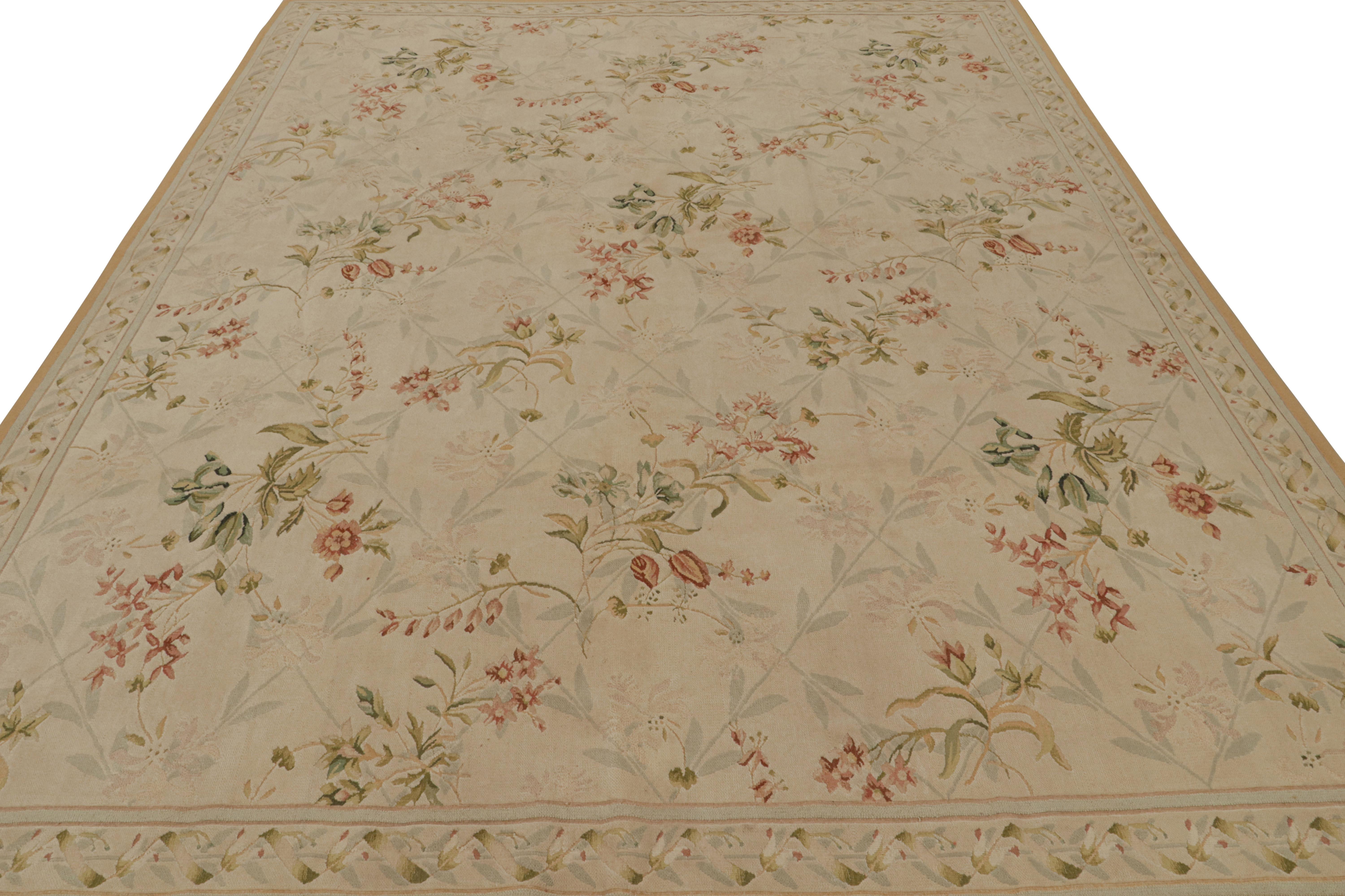 Modern Rug & kilim’s European Flatweave Rug in Beige with Green and Pink Floral Pattern For Sale