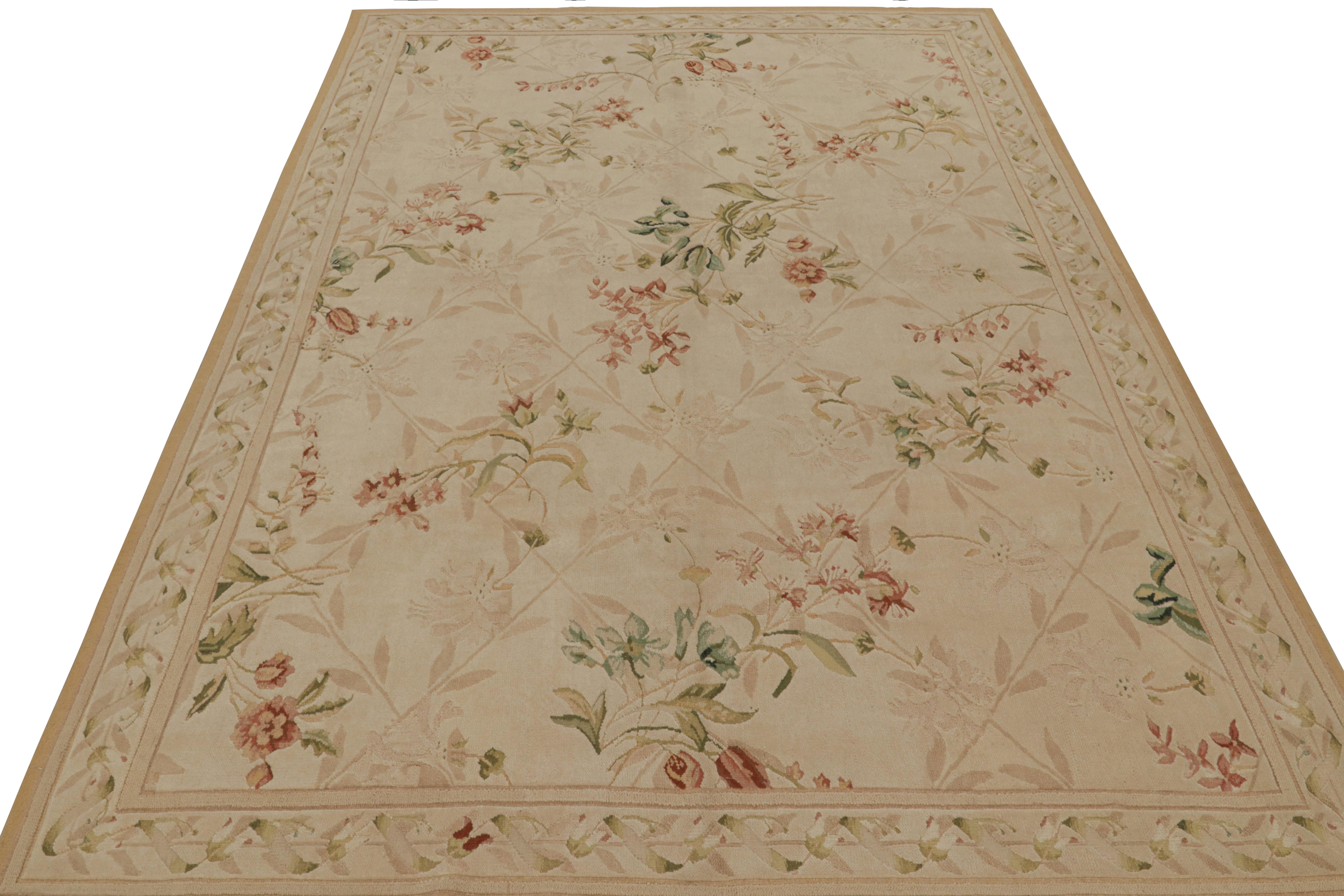 Modern Rug & kilim’s European Flatweave Rug in Beige with Green and Pink Floral Pattern For Sale