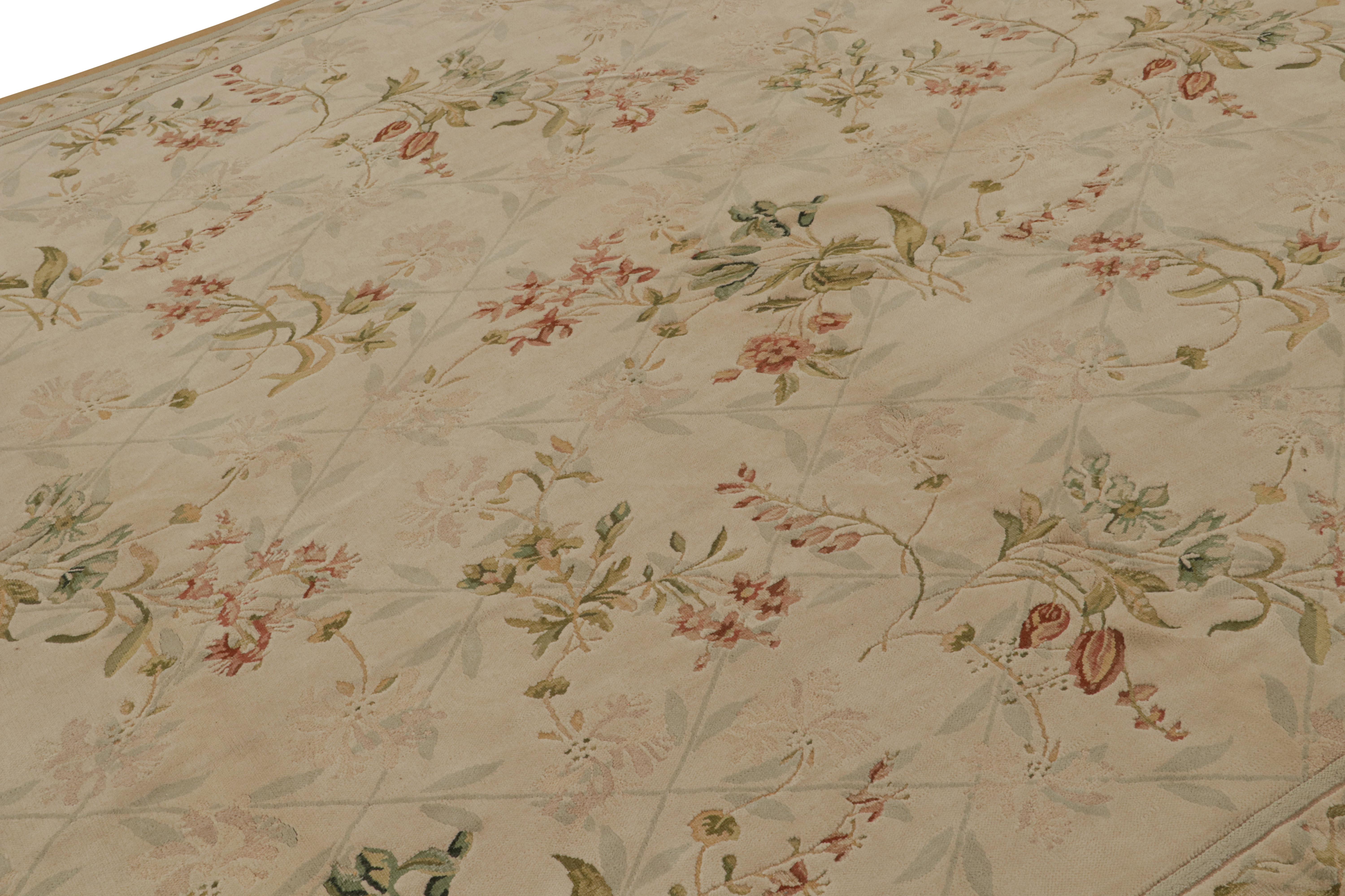 Chinese Rug & kilim’s European Flatweave Rug in Beige with Green and Pink Floral Pattern For Sale