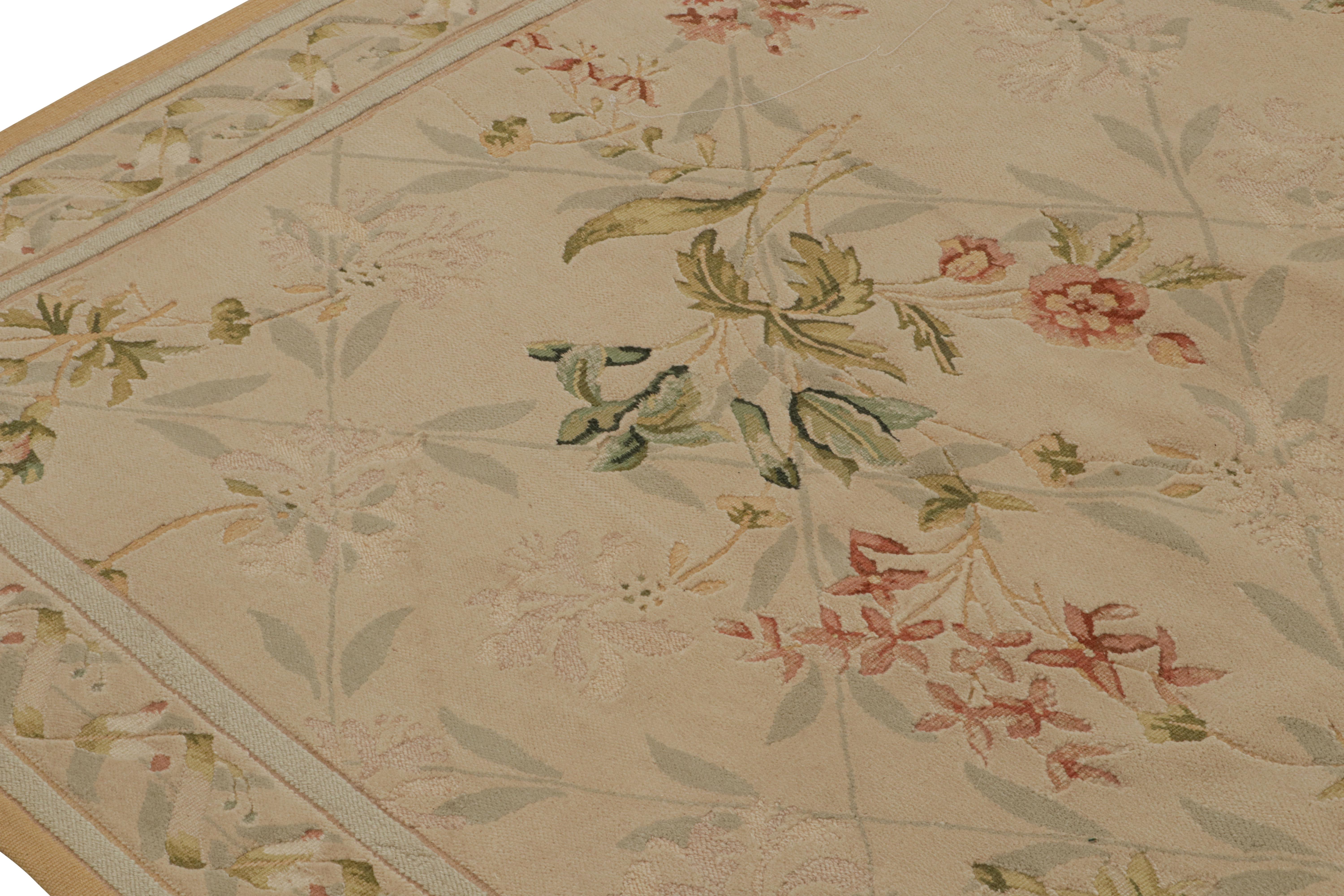 Hand-Knotted Rug & kilim’s European Flatweave Rug in Beige with Green and Pink Floral Pattern For Sale