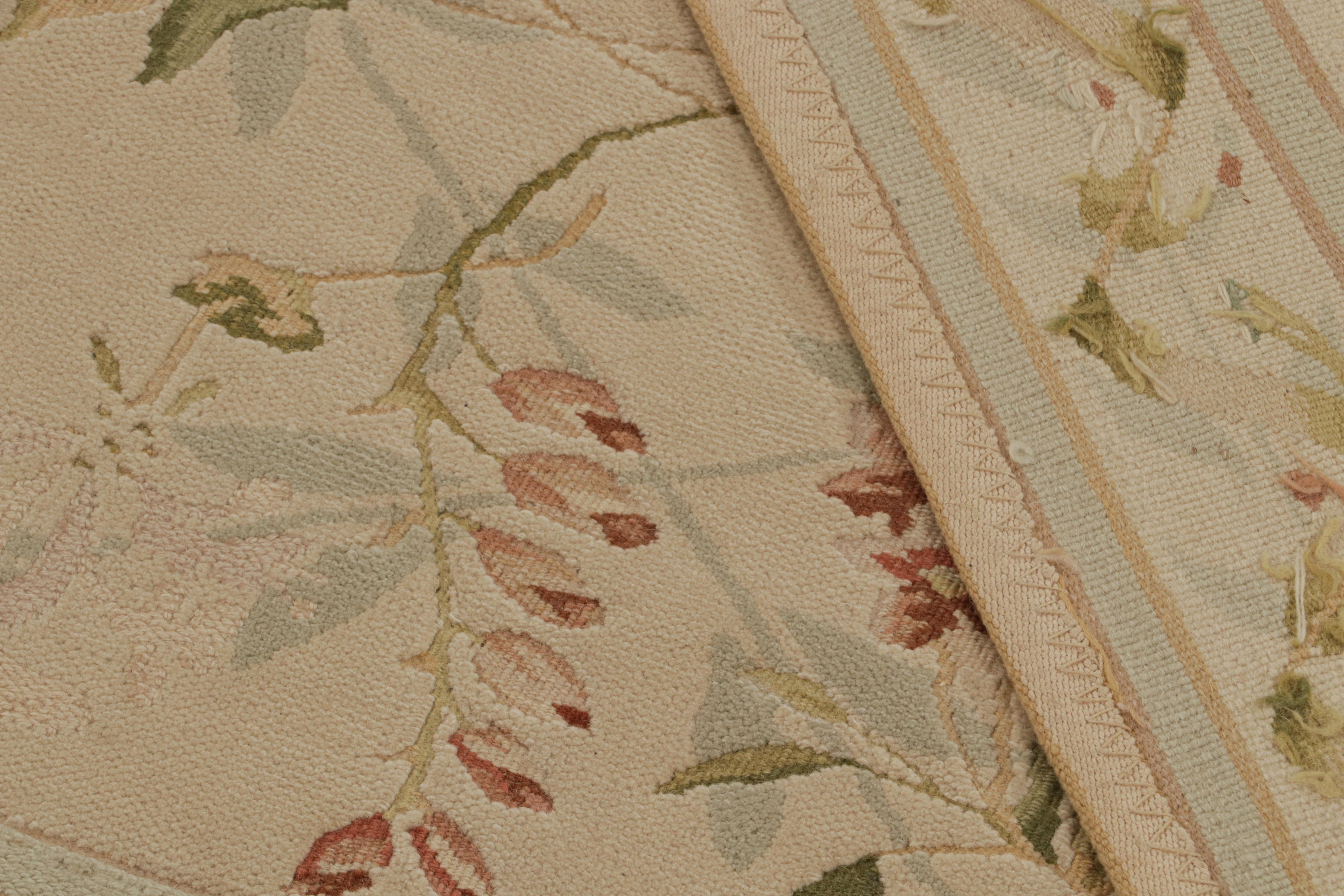 Contemporary Rug & kilim’s European Flatweave Rug in Beige with Green and Pink Floral Pattern For Sale