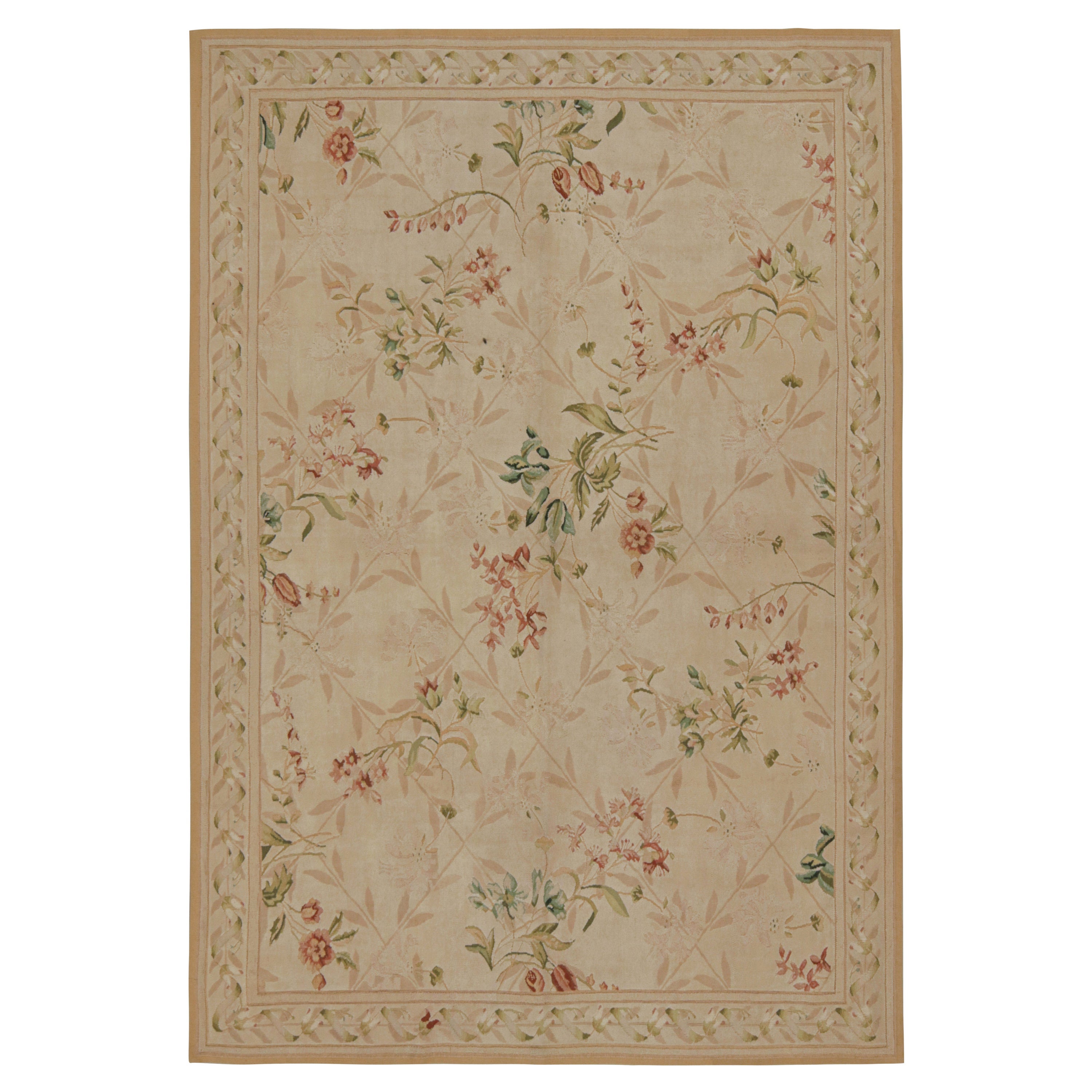 Rug & kilim’s European Flatweave Rug in Beige with Green and Pink Floral Pattern For Sale