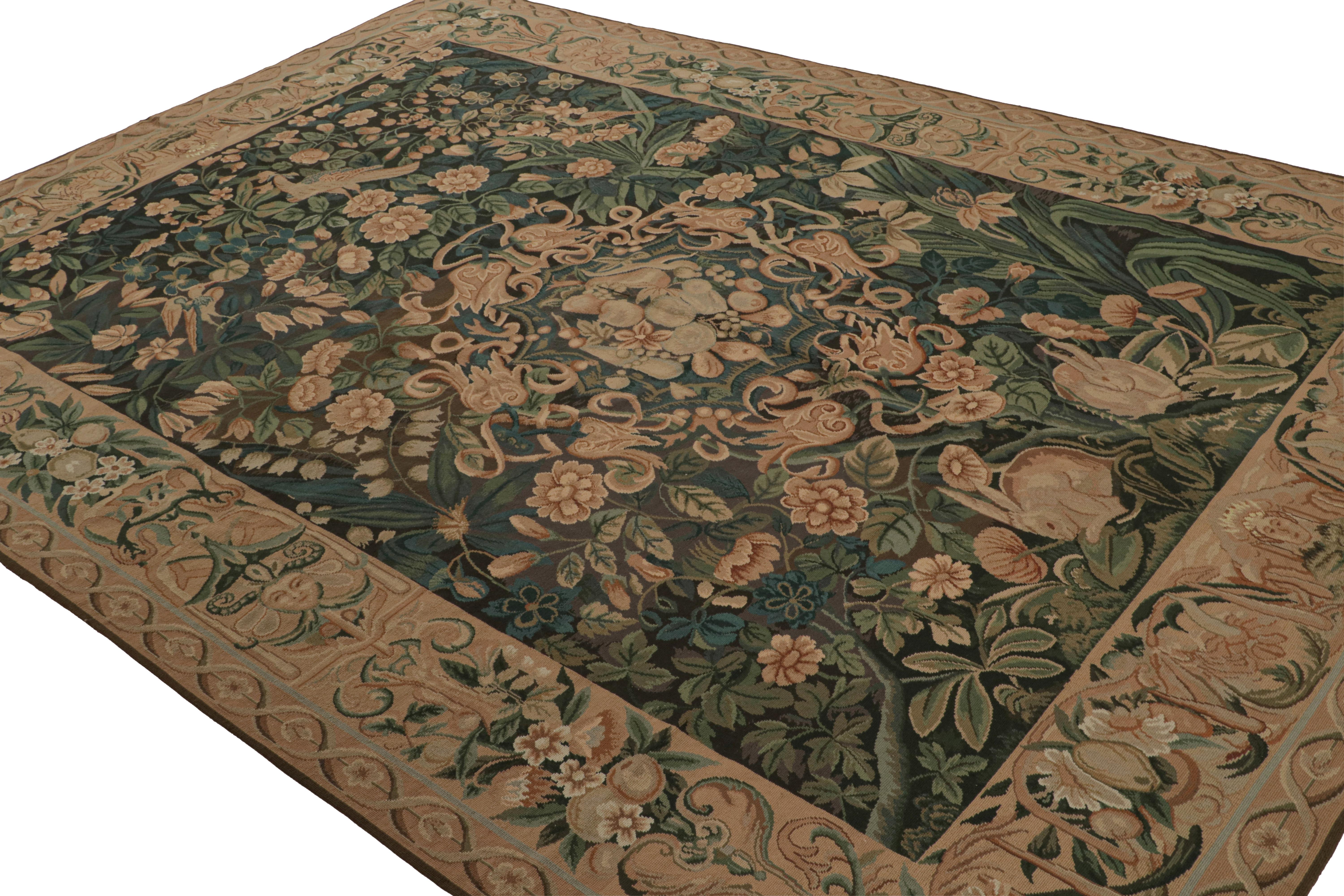 Hand-knotted in wool, this 8x11 European flatweave rug in brown features rich brown underscores and green, blue and beige floral patterns, with a terracotta accent befitting such an elegant old-world play of botanical and pictorial motifs. 

On the