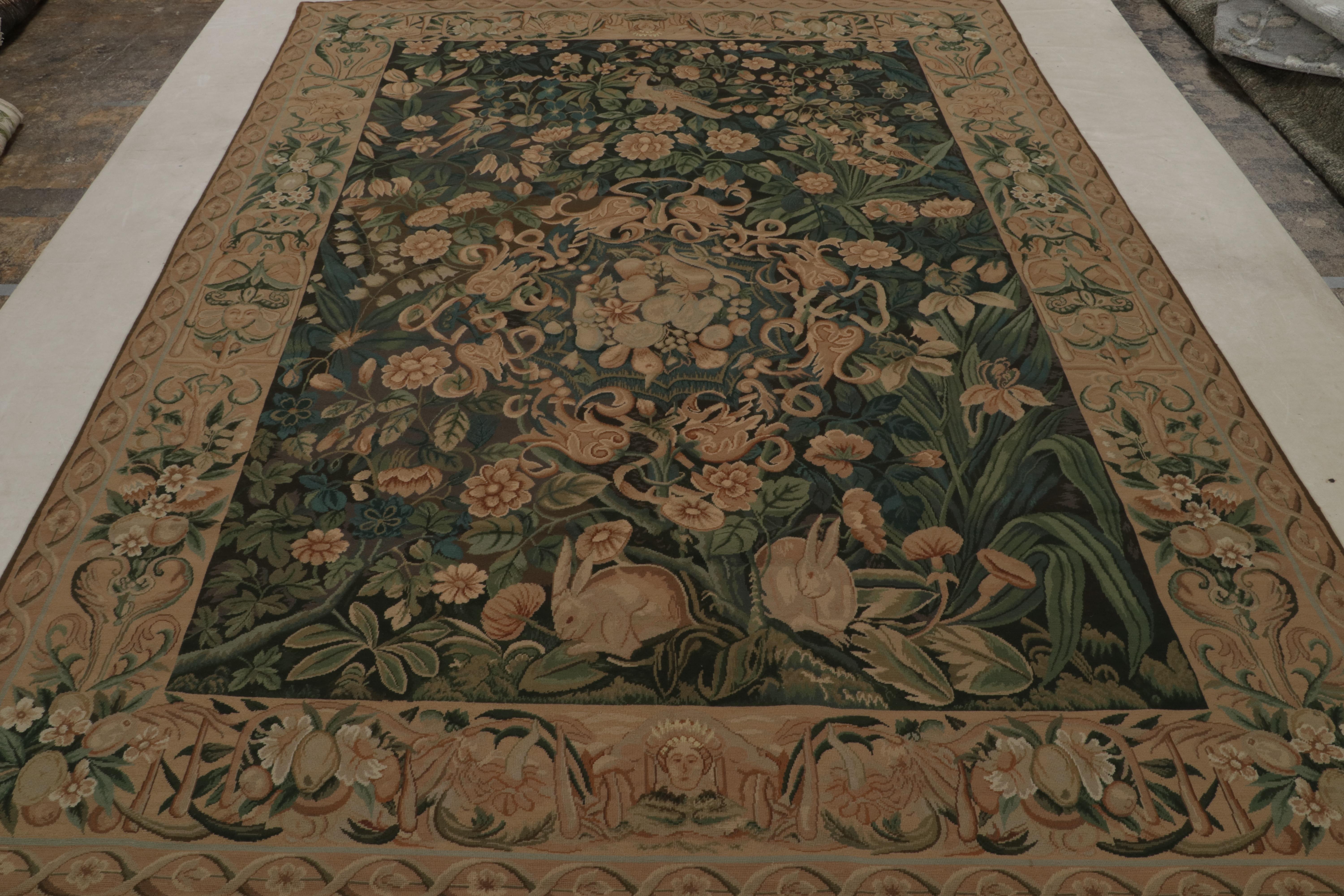 Chinois Rug & Kilim's European Flatweave Rug in Brown with Pictorials and Floral Pattern (Tapis européen tissé à plat en brun avec motifs floraux) en vente