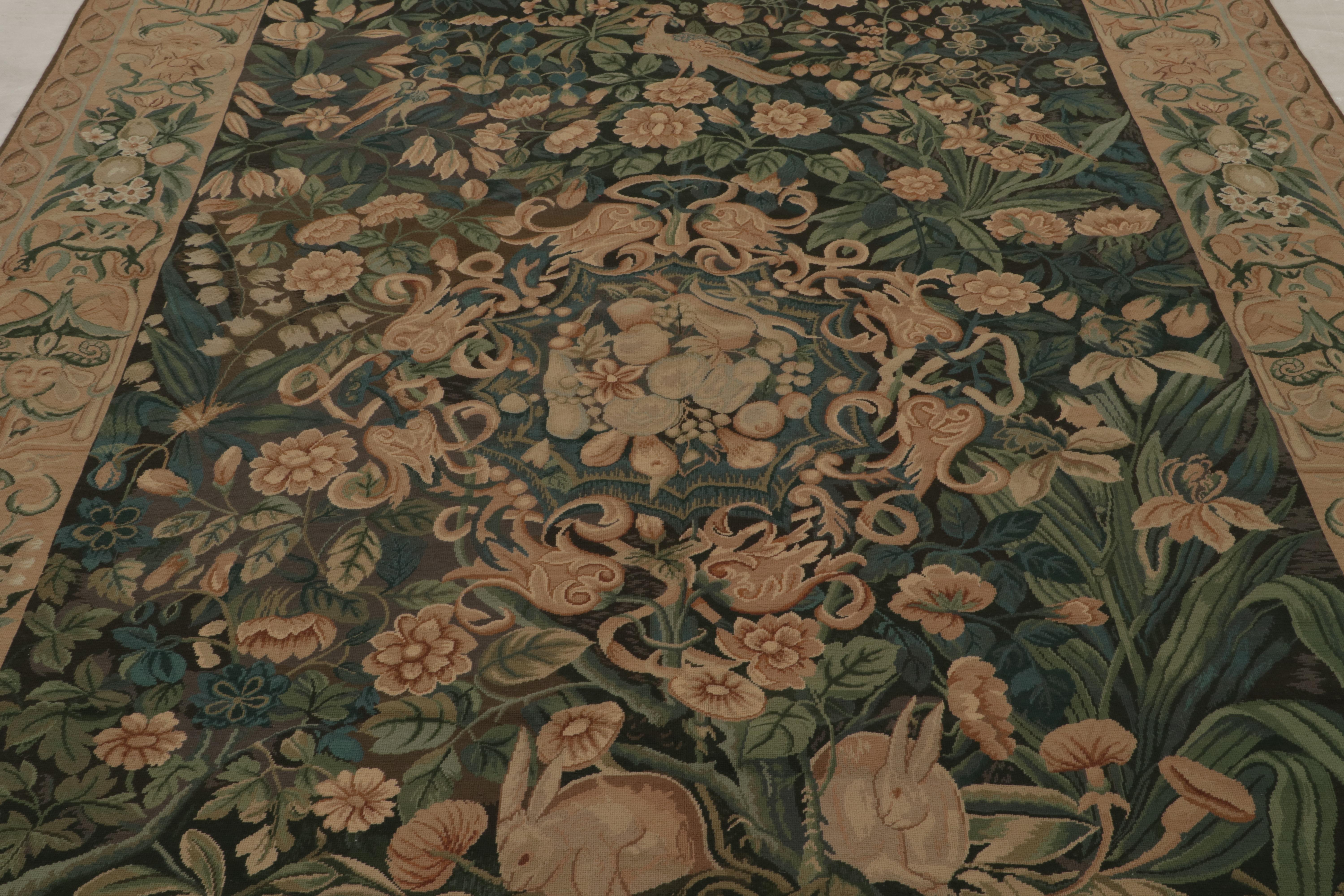 Noué à la main Rug & Kilim's European Flatweave Rug in Brown with Pictorials and Floral Pattern (Tapis européen tissé à plat en brun avec motifs floraux) en vente