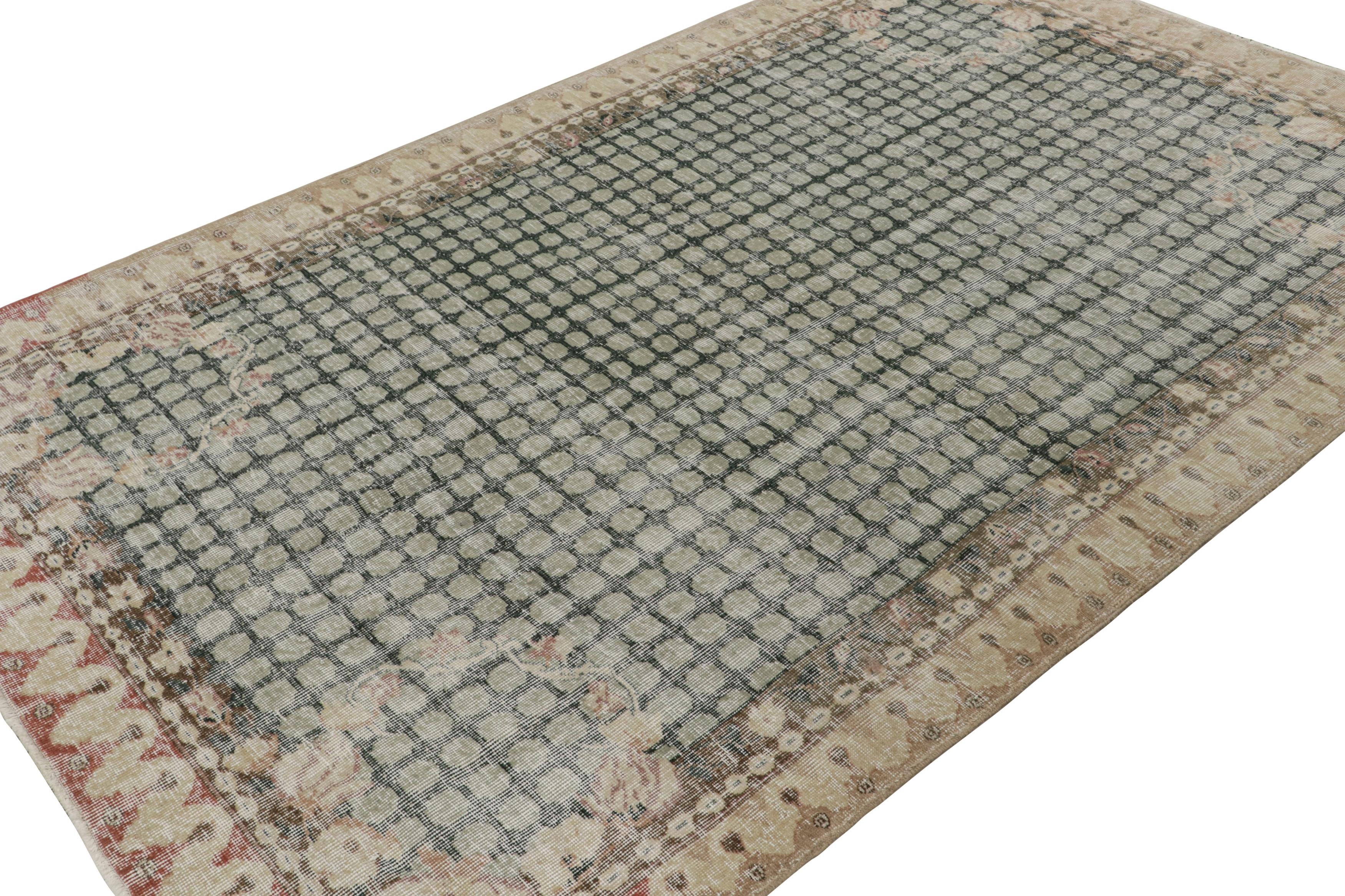 Hand-knotted in wool, circa 1960 - 1970, this 5x9 vintage Zeki Müren rug is an exciting curation from Rug & Kilim. Its design showcases an unusual take on European rug style, particularly Savonnerie and Aubusson rugs. 

On the Design: 

Drawing