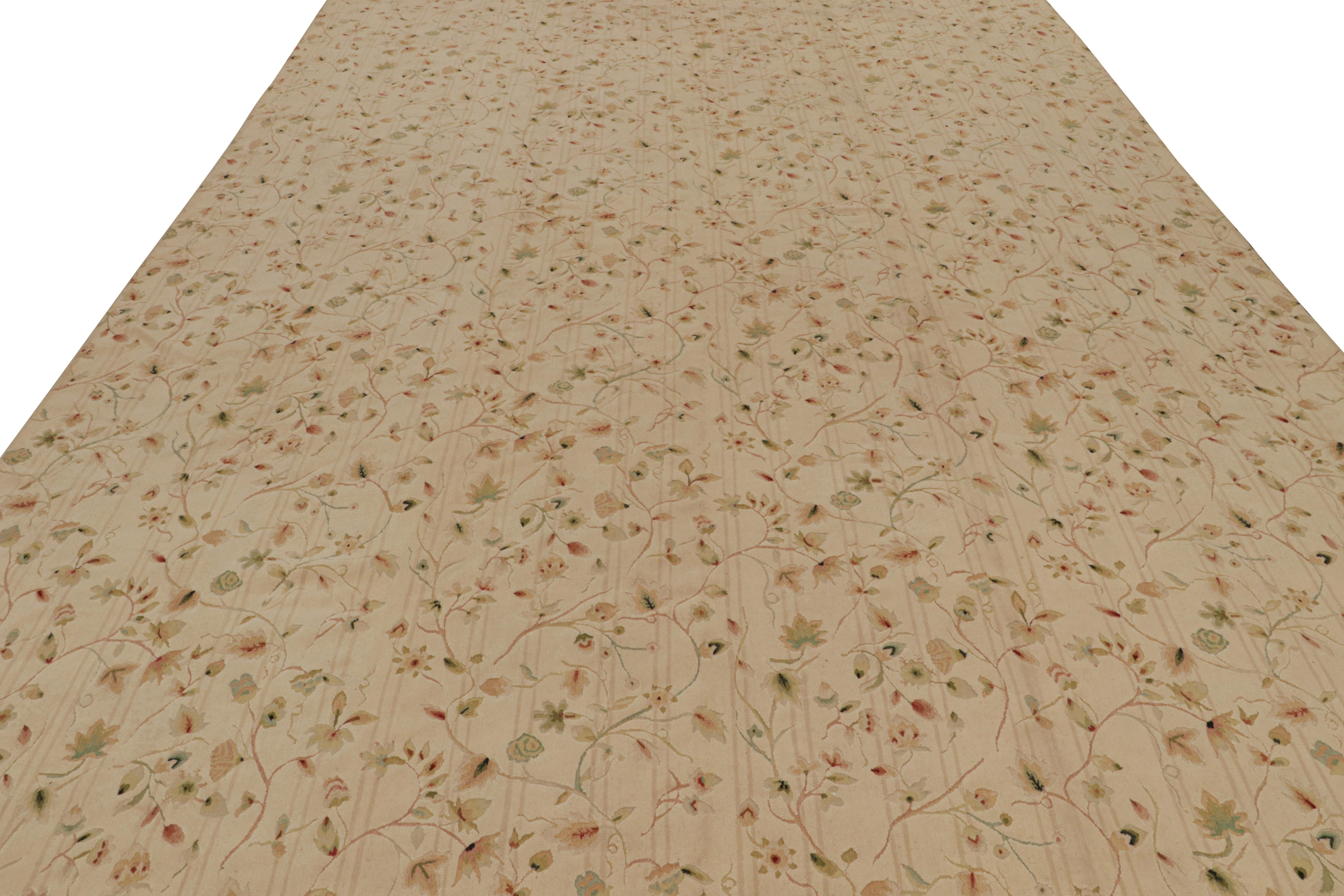 Modern Rug & kilim’s European Rug in Beige, with Green and Red Floral Patterns For Sale