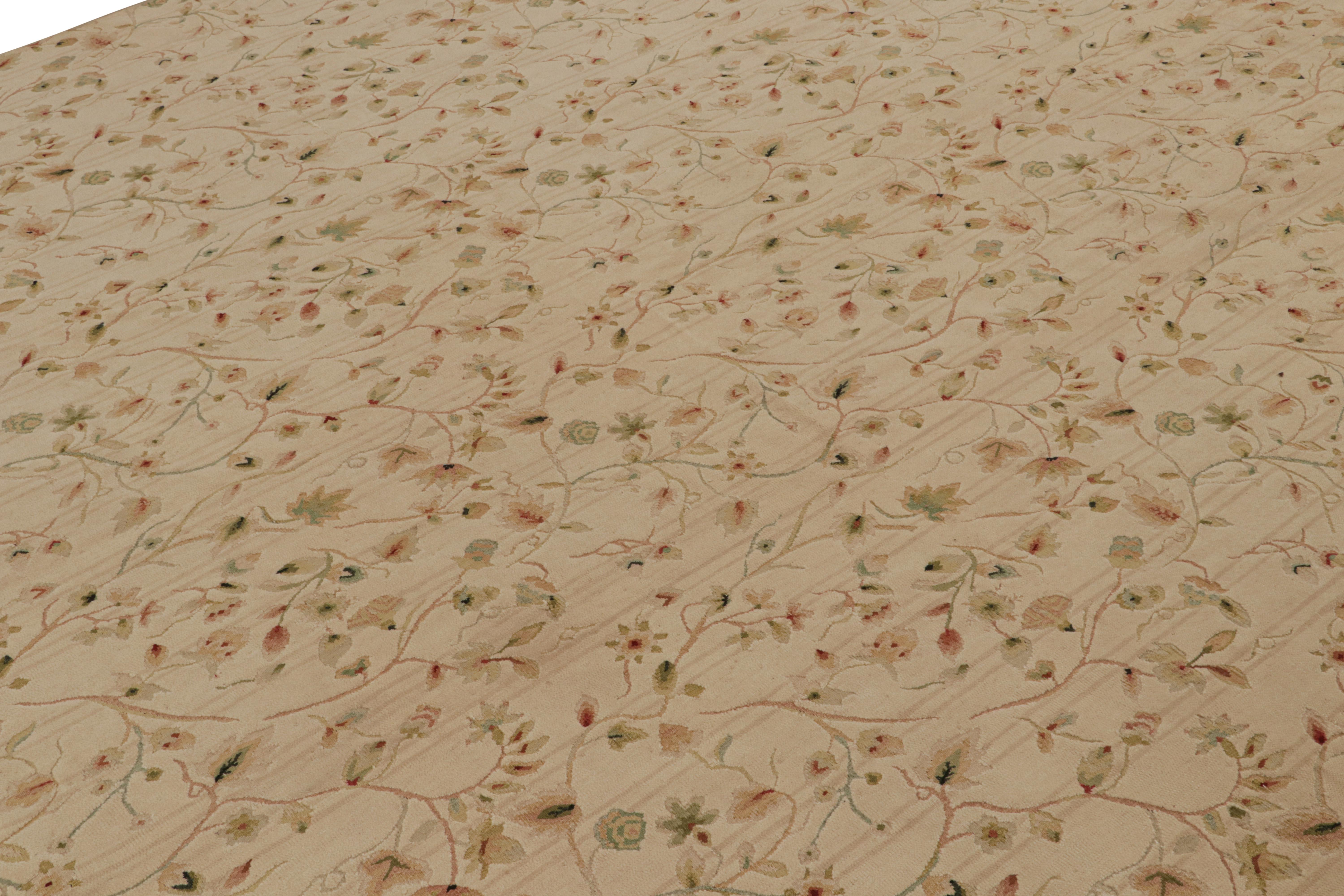 Chinese Rug & kilim’s European Rug in Beige, with Green and Red Floral Patterns For Sale