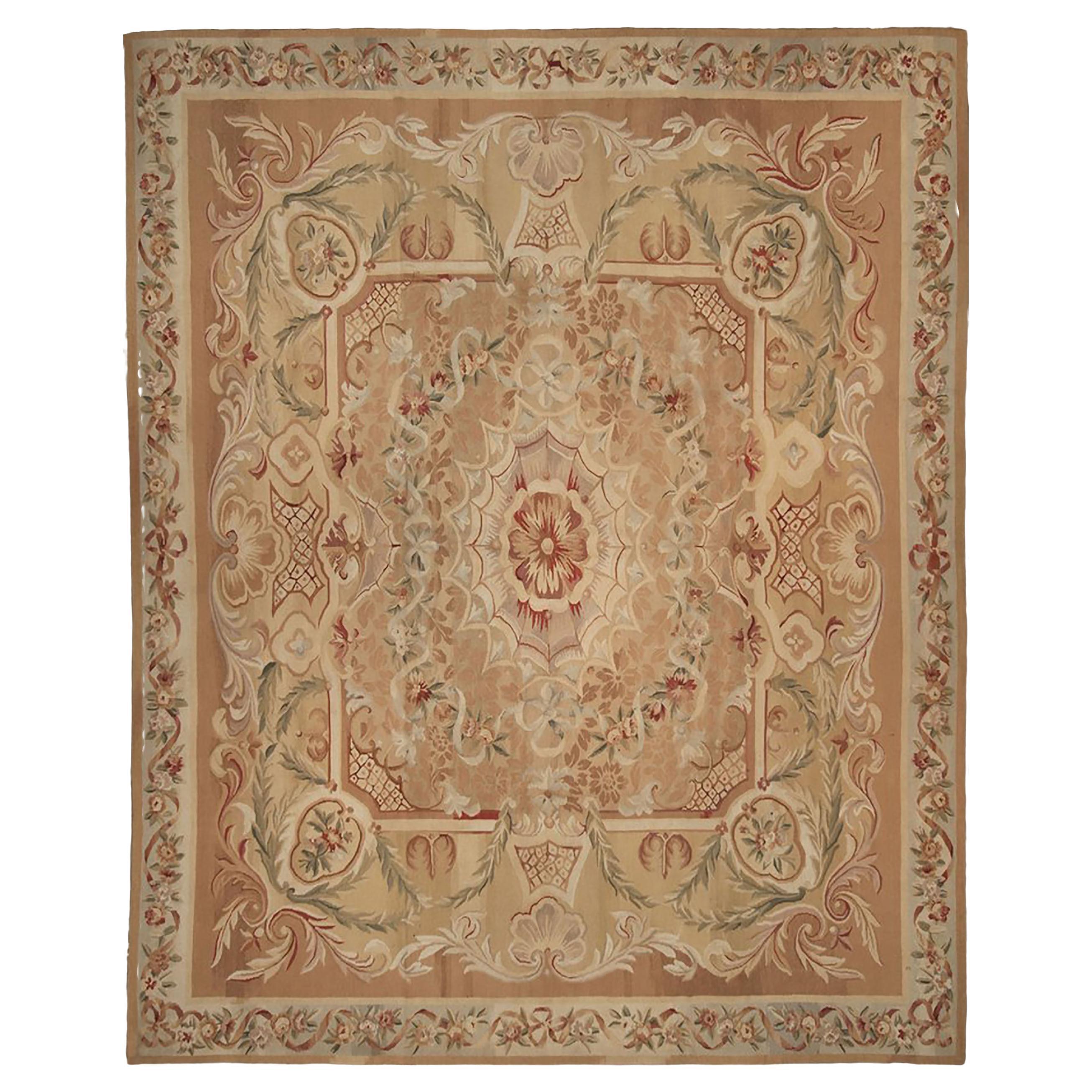Rug & Kilim’s European Style Aubusson Rug in Brown and Green Floral Pattern