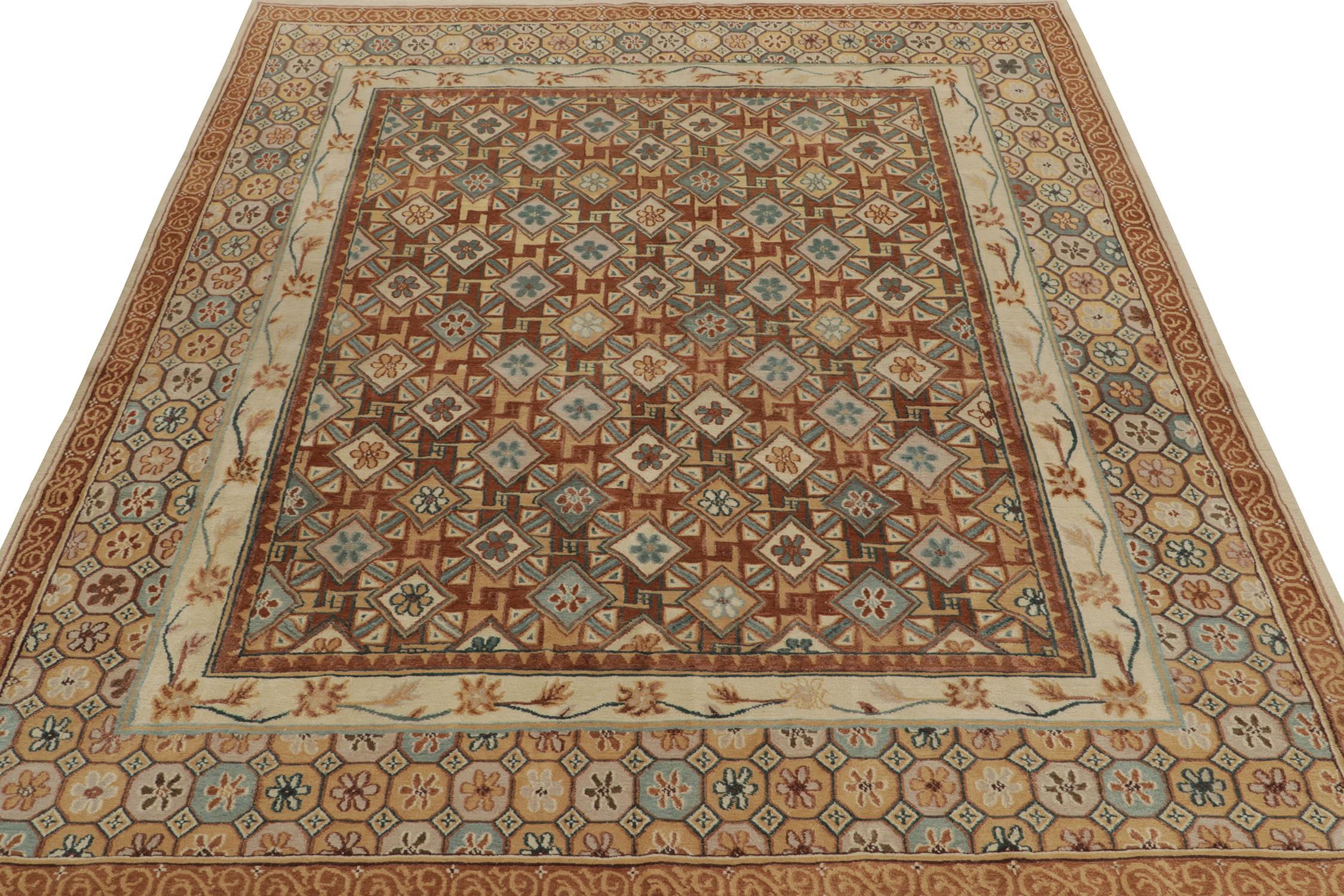Art Deco Rug & Kilim’s European Style Deco Rug in Brown, Gold and Blue Geometric Pattern For Sale