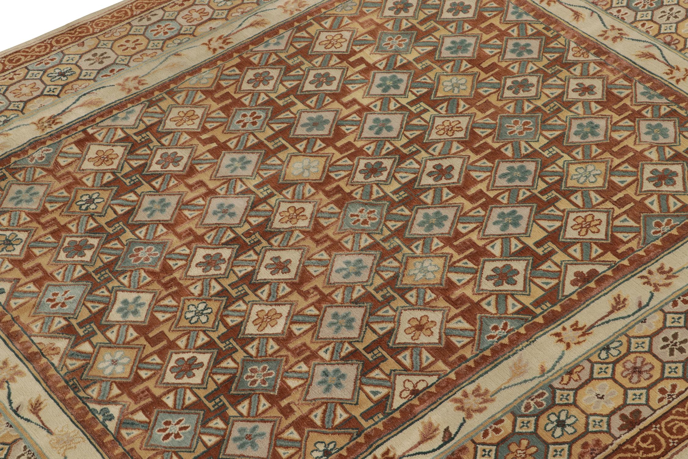 Nepalese Rug & Kilim’s European Style Deco Rug in Brown, Gold and Blue Geometric Pattern For Sale