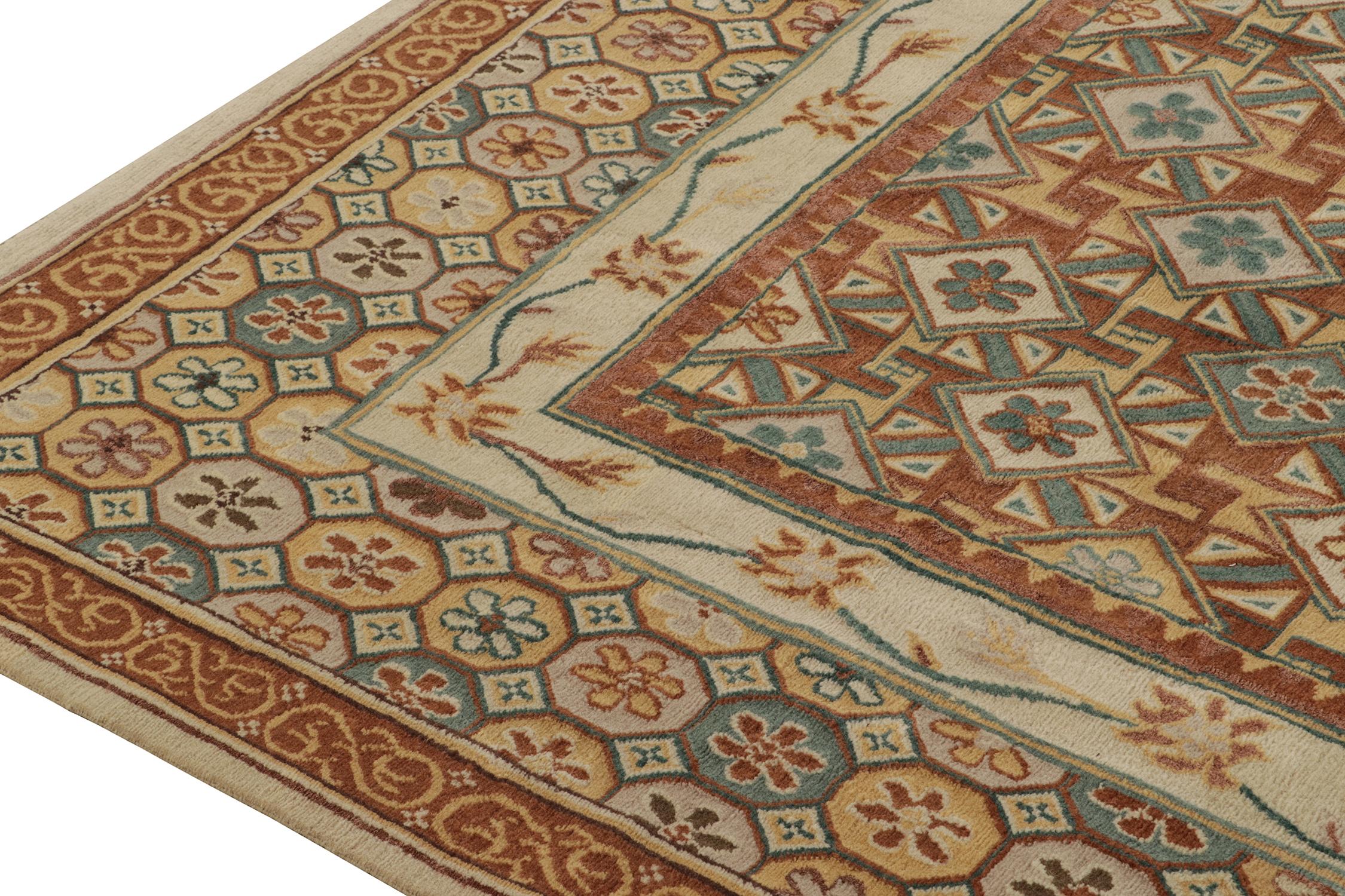 Noué à la main Rug & Kilim's European Style Deco Rug in Brown, Gold and Blue Geometric Pattern (Tapis de style européen déco à motifs géométriques brun, or et bleu) en vente