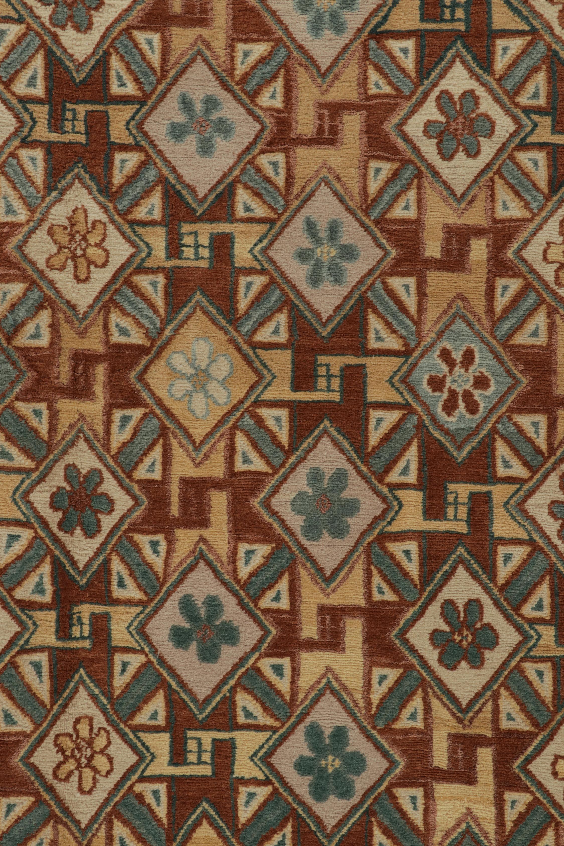 Rug & Kilim’s European Style Deco Rug in Brown, Gold and Blue Geometric Pattern In New Condition For Sale In Long Island City, NY