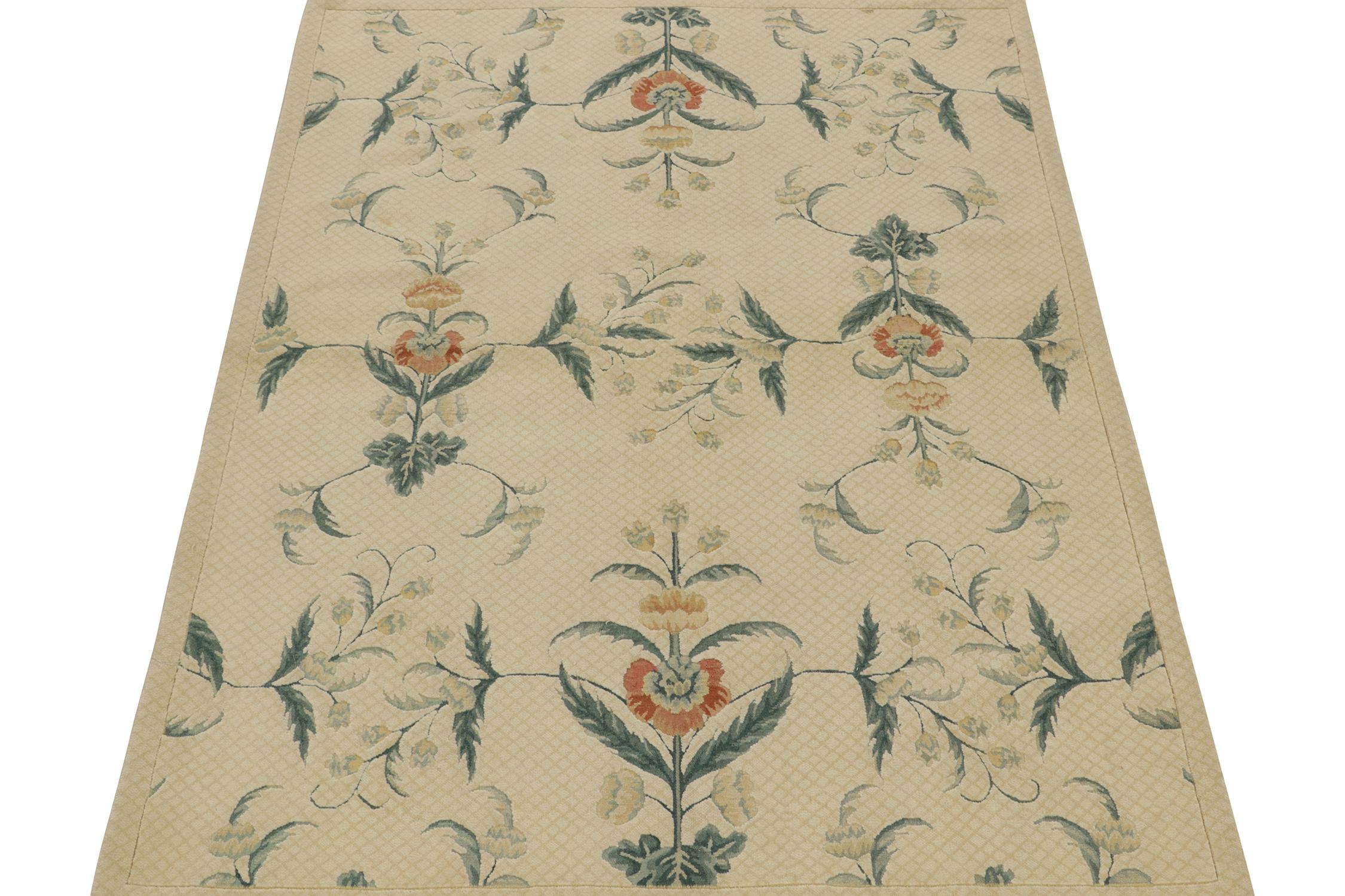 Chinese Rug & Kilim’s European Style Flat Weave in Creamy White with Green Floral For Sale