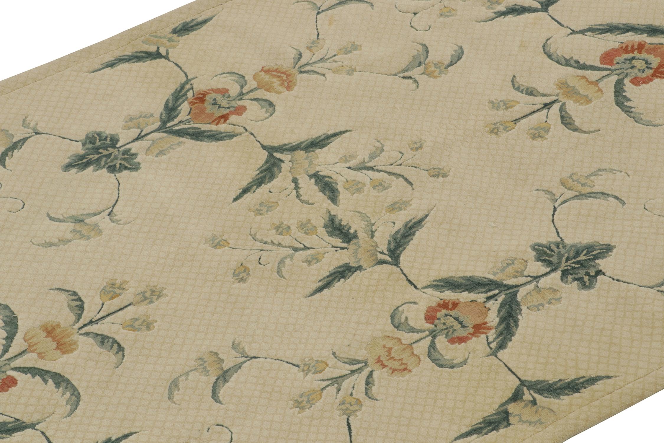 Hand-Knotted Rug & Kilim’s European Style Flat Weave in Creamy White with Green Floral For Sale