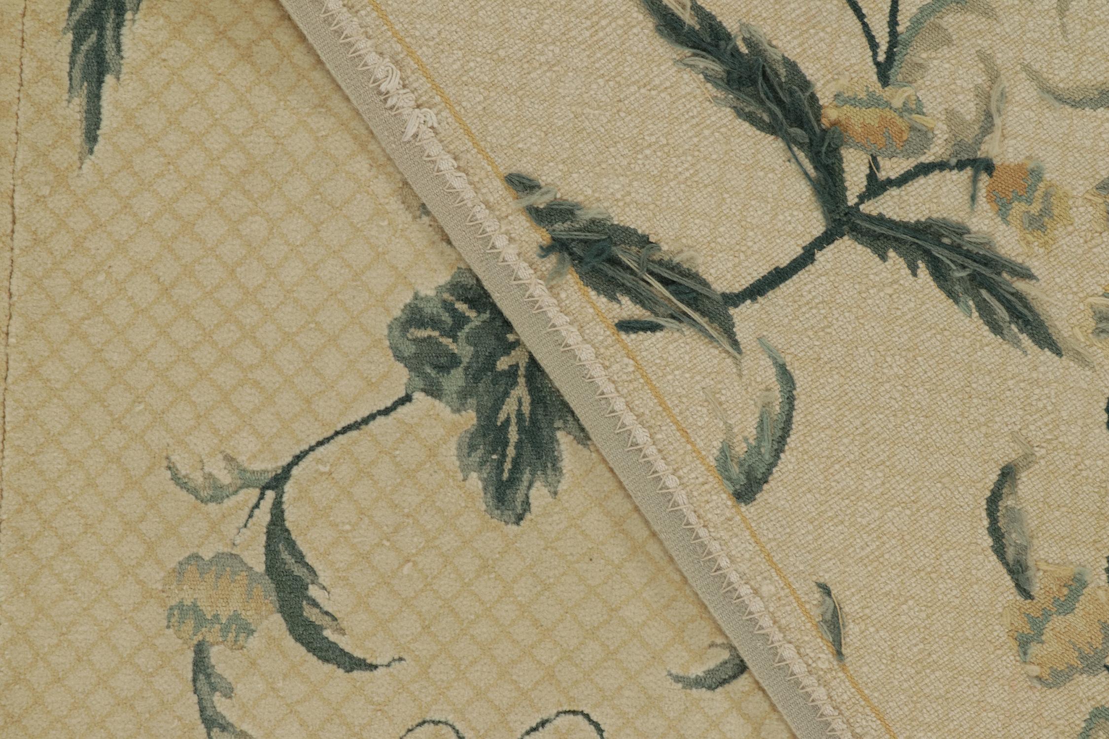 Wool Rug & Kilim’s European Style Flat Weave in Creamy White with Green Floral For Sale