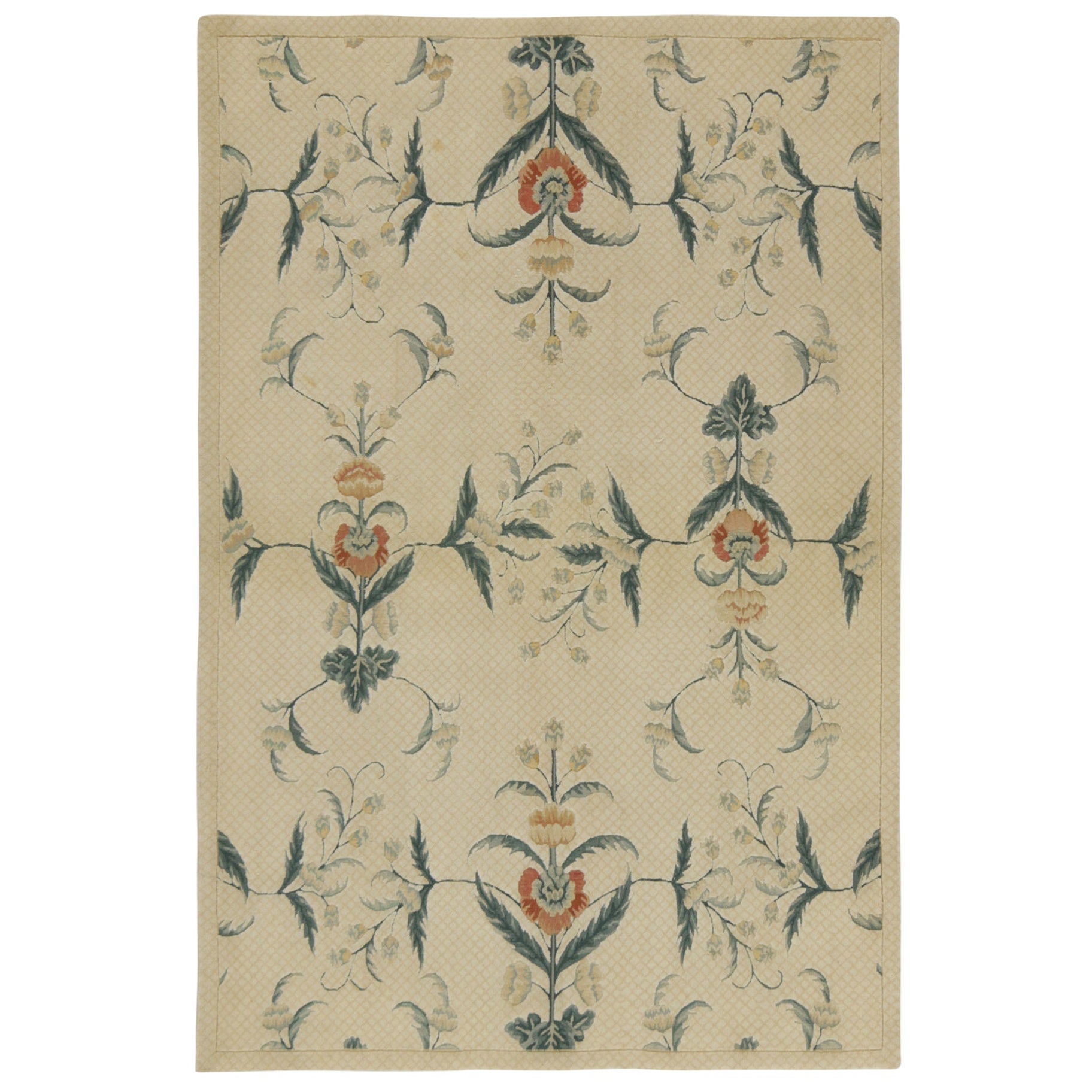 Rug & Kilim’s European Style Flat Weave in Creamy White with Green Floral For Sale