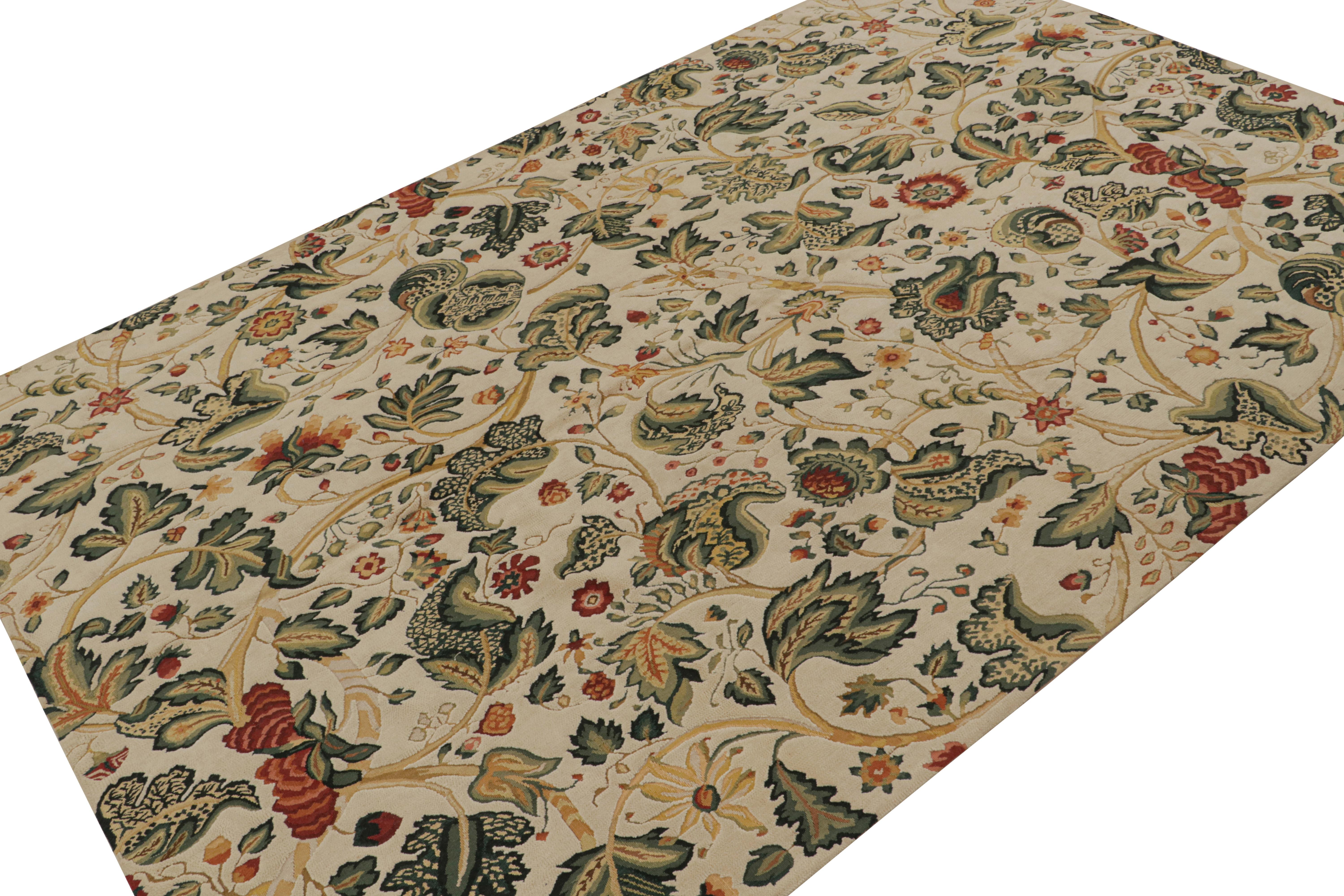Tissé à la main en laine, ce tapis européen 6x9 à armure plate s'inspire des tapis et tapisseries Tudor anglaises du XVIIIe siècle. Le dessin présente des motifs floraux en vert, rouge, or et sarcelle sur l'ensemble du champ. 

Sur le Design :

Les