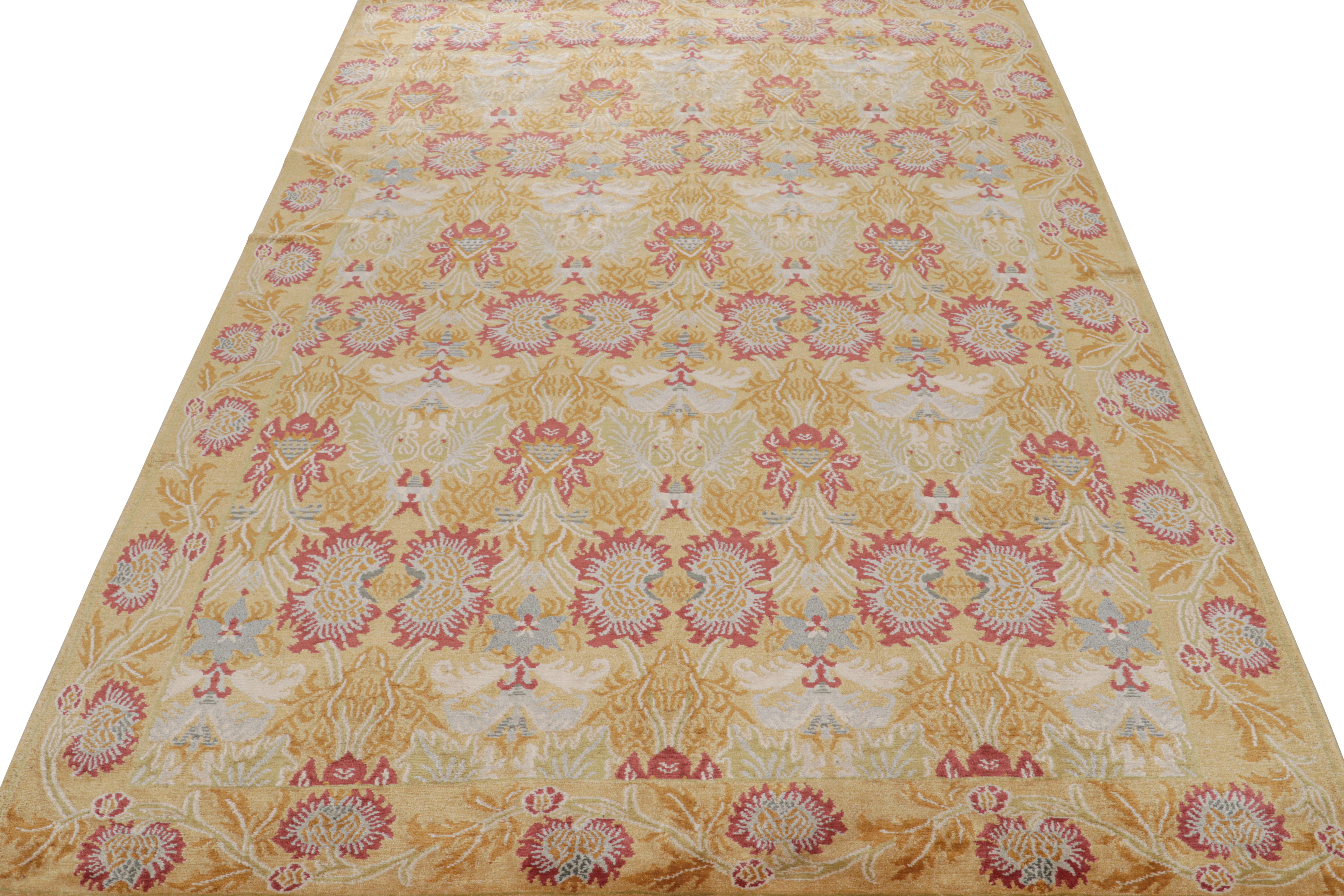 Art Deco Rug & Kilim's European Style Floral Rug in Gold and Red All-Over Pattern For Sale