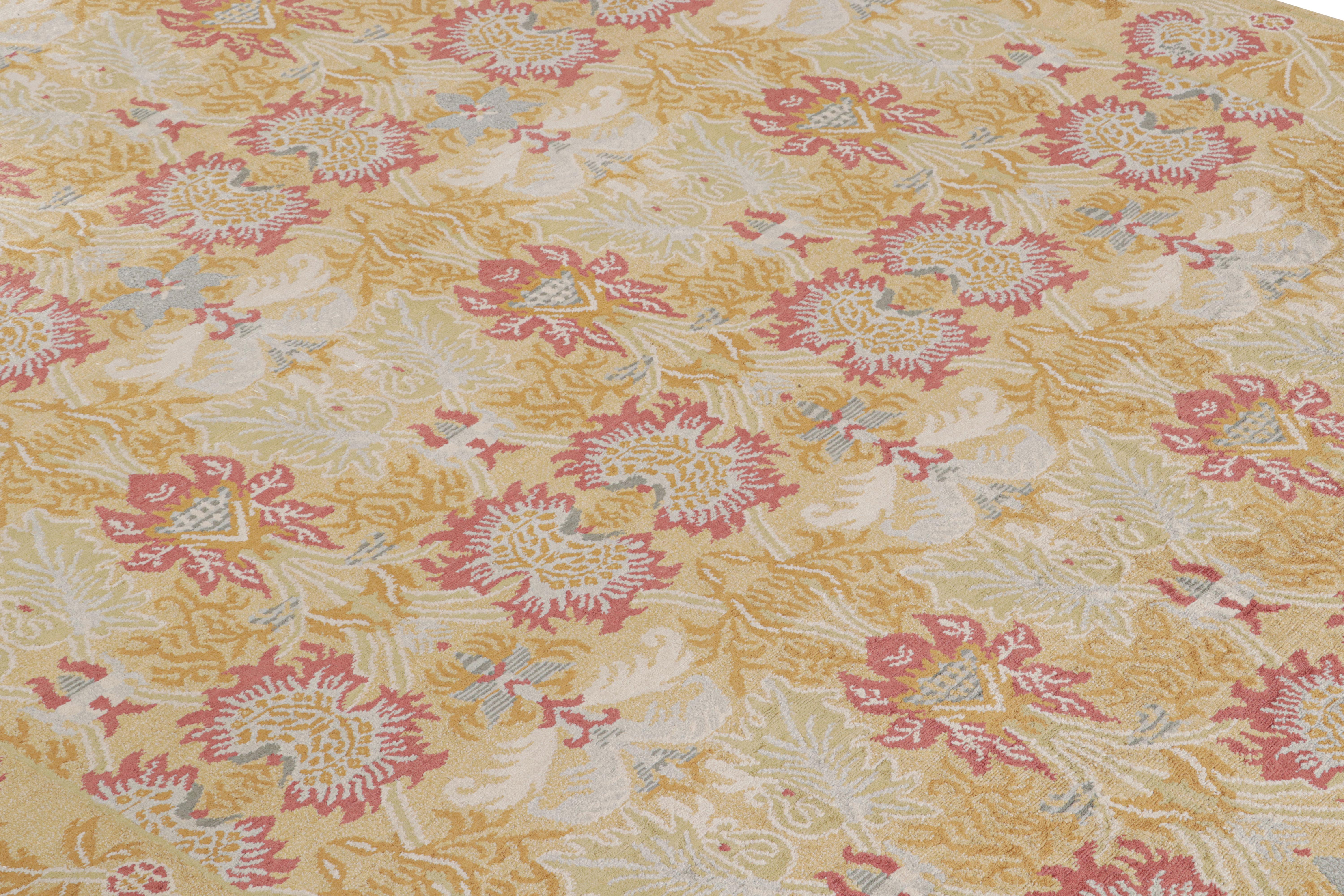 Nepalese Rug & Kilim's European Style Floral Rug in Gold and Red All-Over Pattern For Sale
