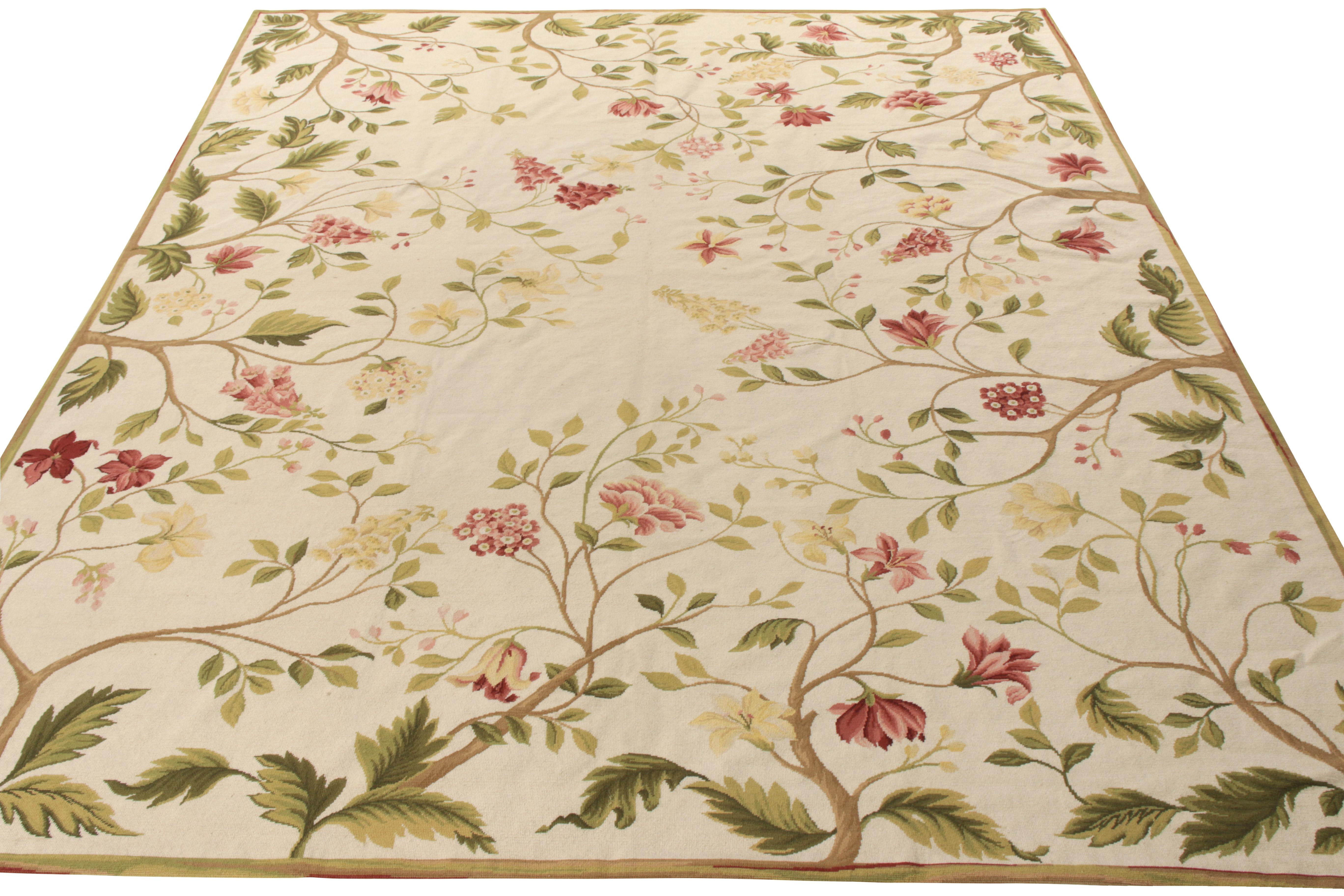 Handmade in wool, a delicious 8x10 needlepoint rug from Rug & Kilim’s coveted European style rug collection. This transitional rug enjoys an awe inspiring floral pattern in beige-brown against a cream background, with tasteful notes of pink and
