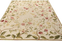 Rug & Kilim’s European Style Needlepoint Rug, Beige-Brown, Green Floral Pattern