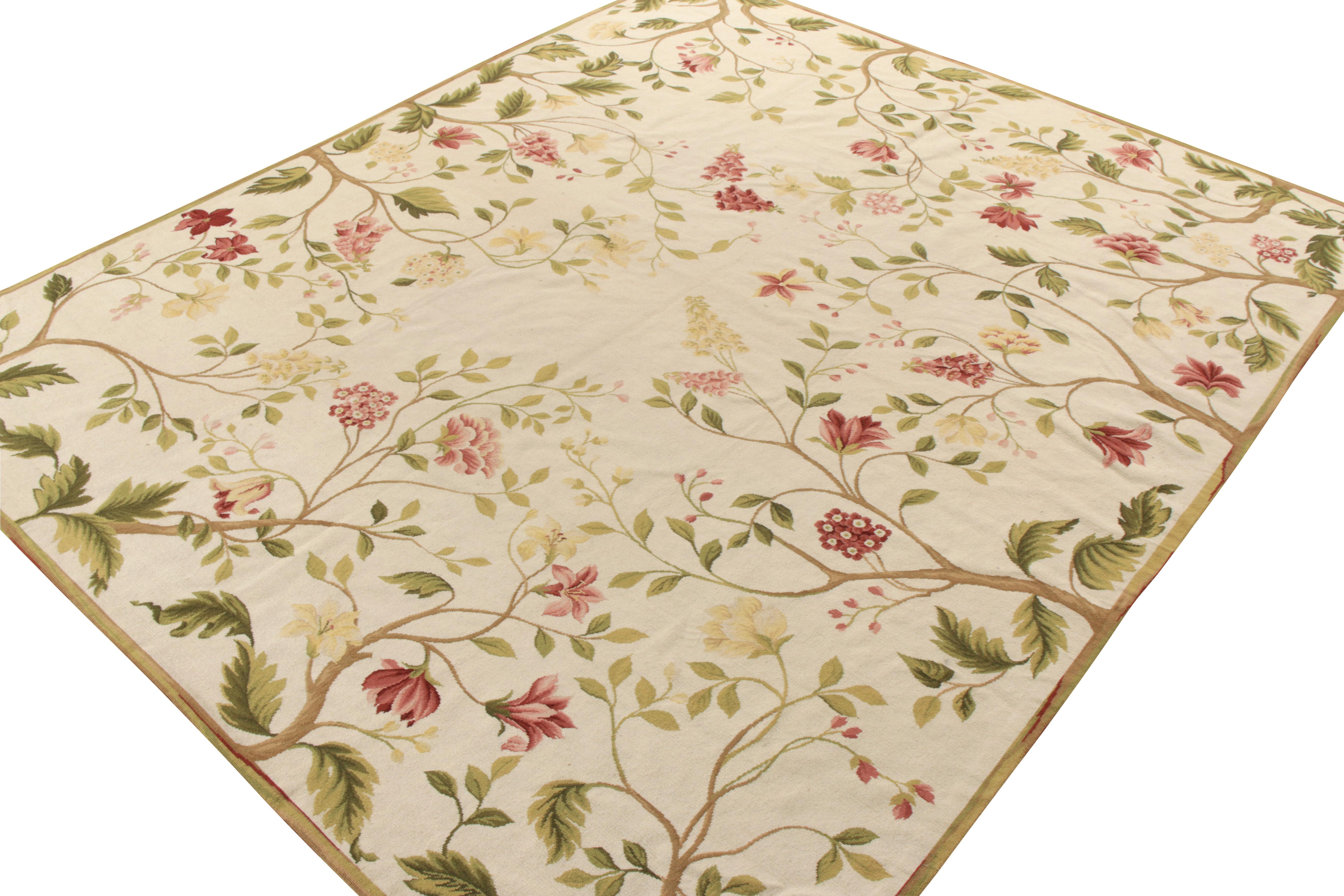 Other Rug & Kilim’s European Style Needlepoint Rug, Beige-Brown, Green Floral Pattern For Sale