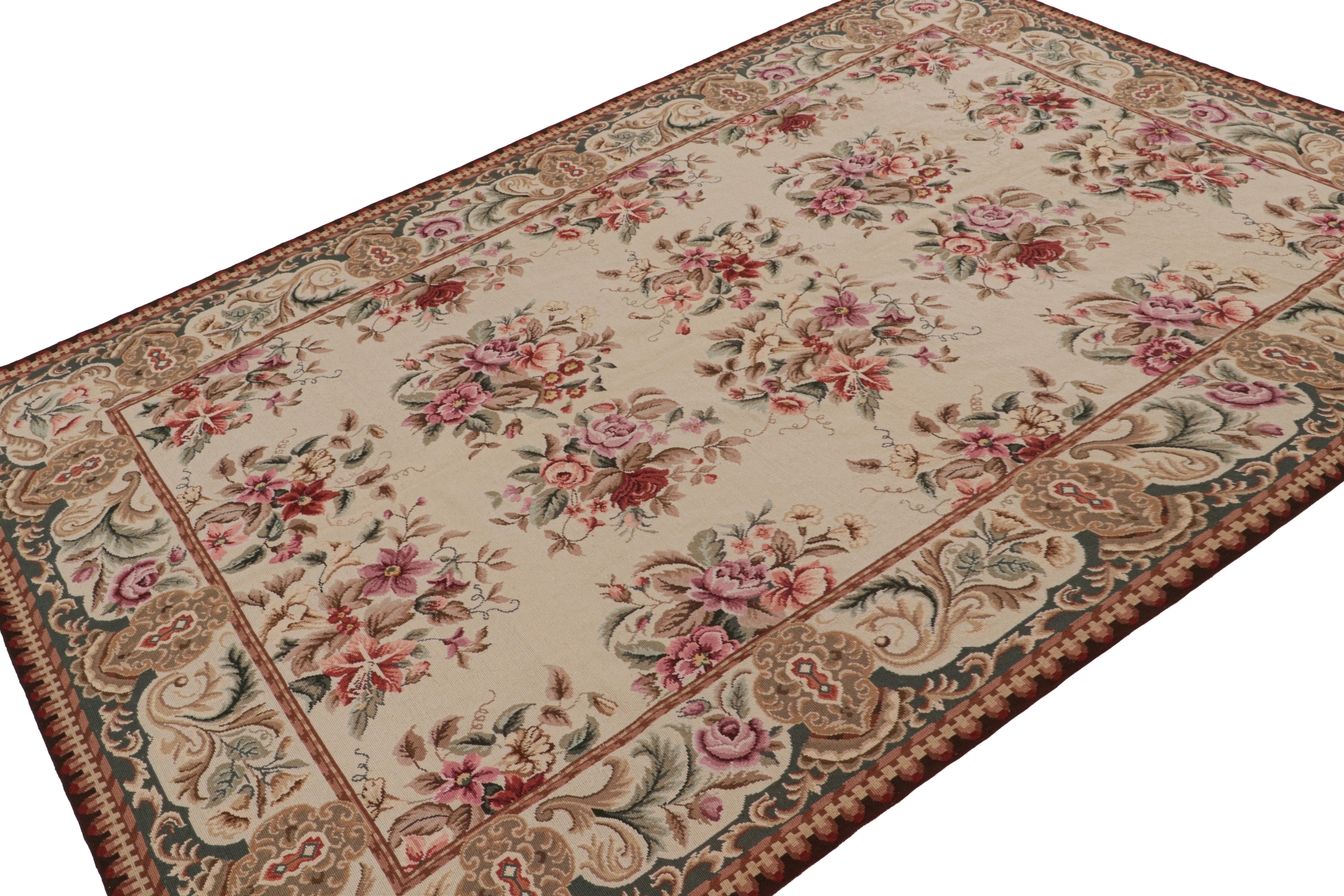 Hand-knotted in wool, this 6x9 European needlepoint rug originating from China, features floral designs that speak to Bessarabian and Aubusson sensibilities along with other transitional styles that favored this rich feminine look.  

On the Design: