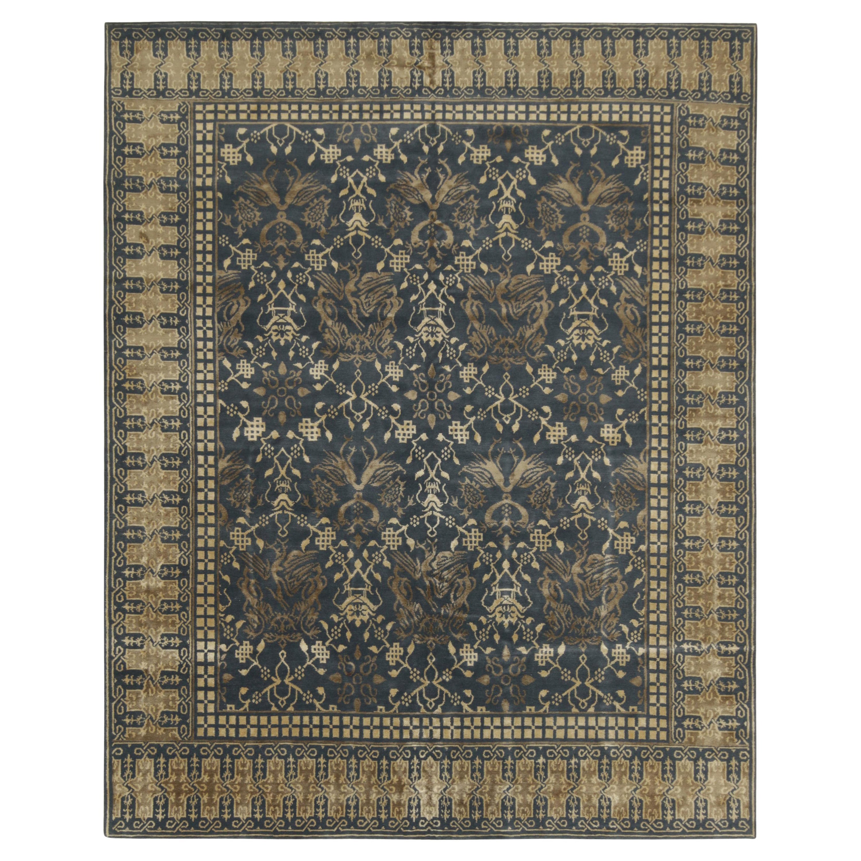 Alfombra Pictórica de estilo europeo de Rug & Kilim en azul con motivos de dragones dorados