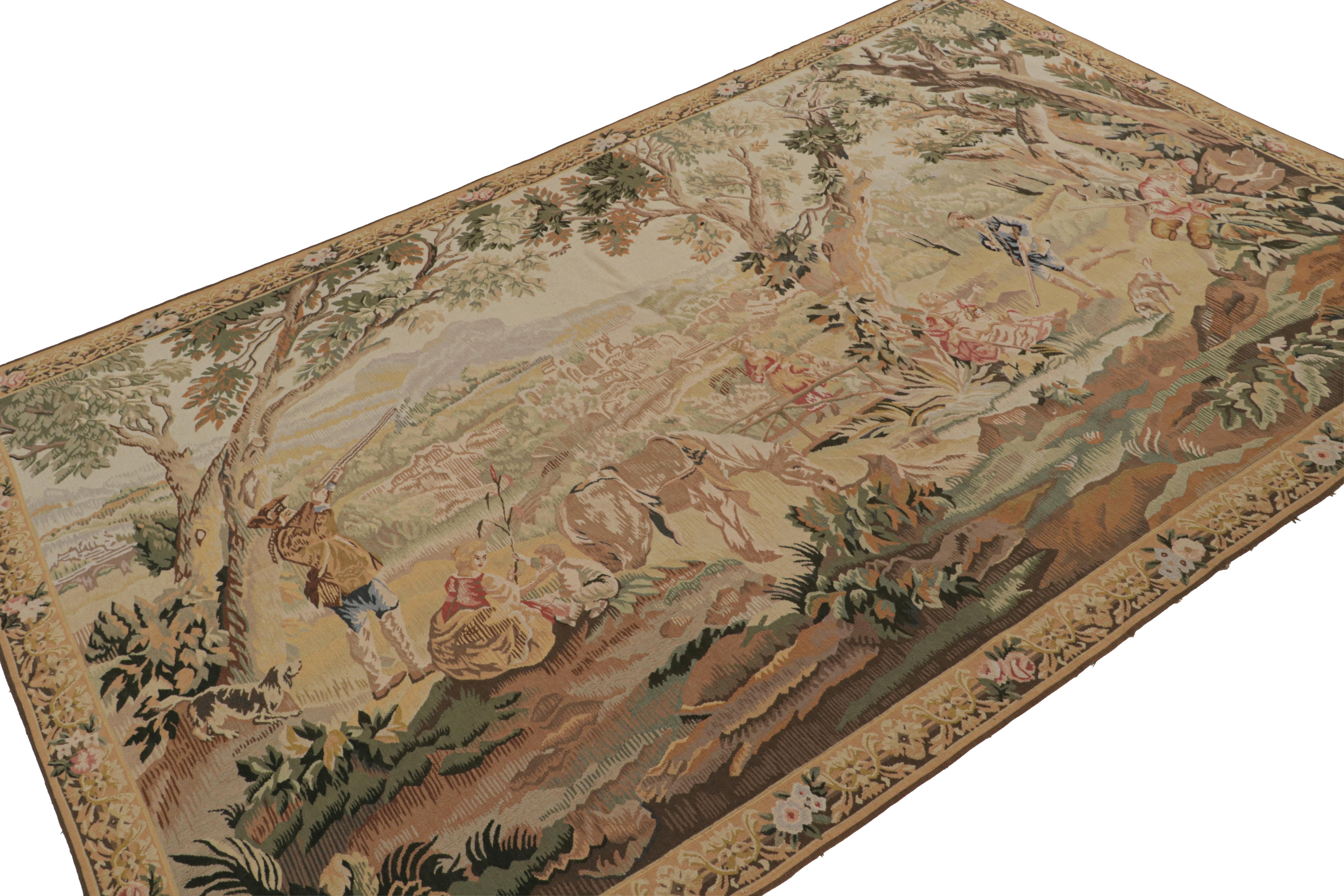 Hand-knotted in wool, this 6x9 European pictorial tapestry in beige/brown, green and pink is a new piece inspired by antique European tapestries. 

On the design: 

Inspired by antique European tapestries, this unique piece depicts a vivid
