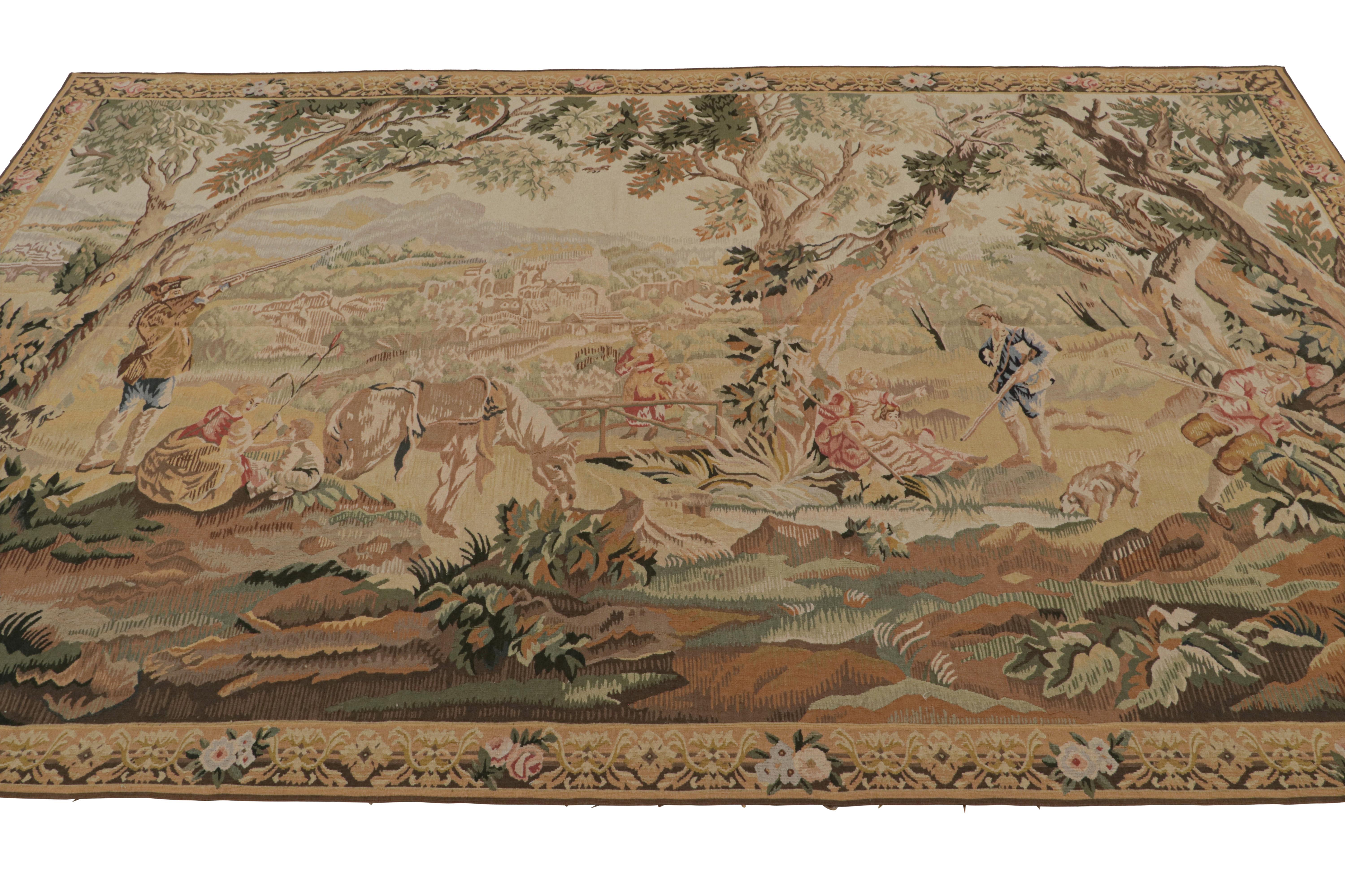 Modern Rug & Kilim’s European Style Pictorial Tapestry in Beige-Brown, Green and Pink For Sale