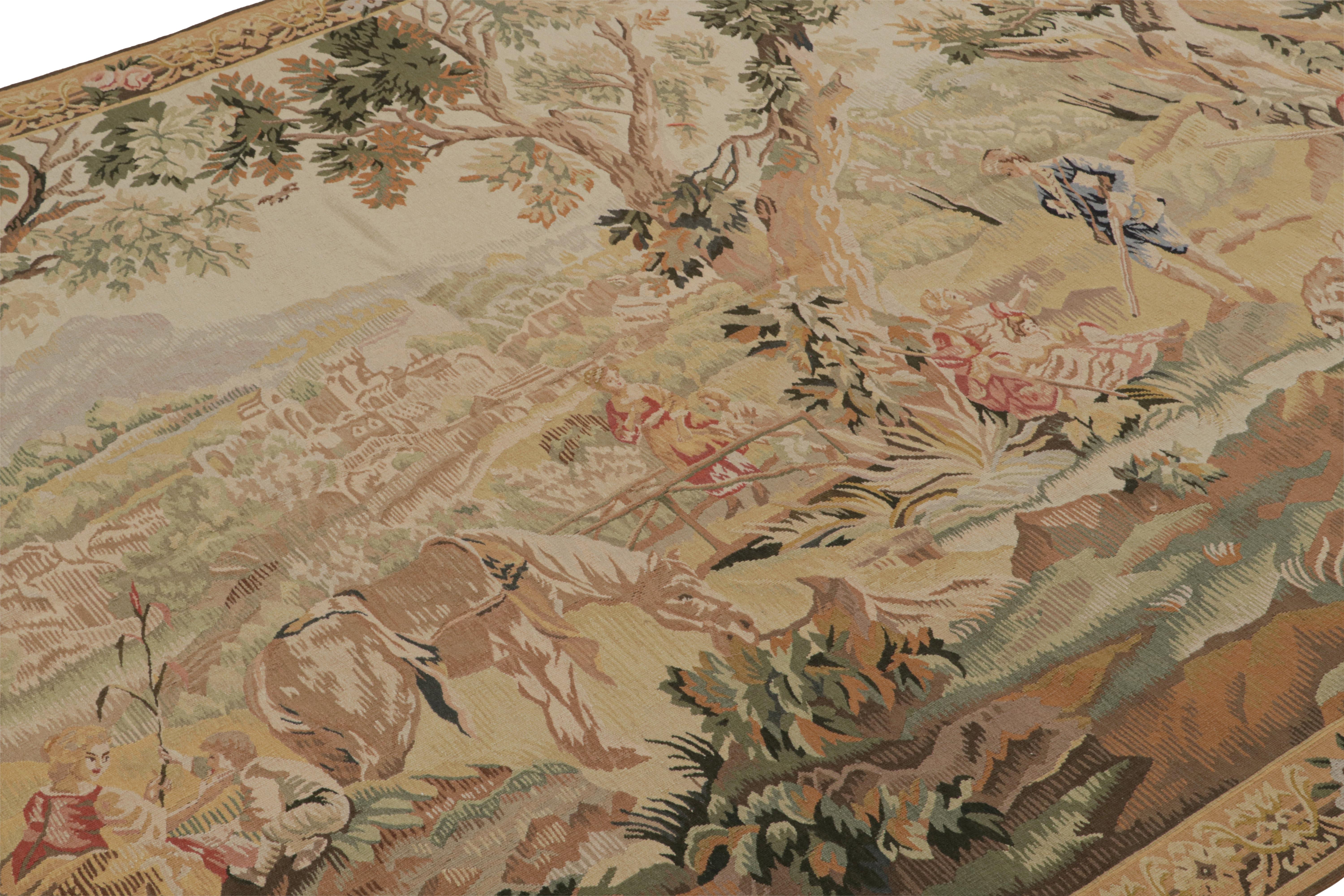 Chinese Rug & Kilim’s European Style Pictorial Tapestry in Beige-Brown, Green and Pink For Sale