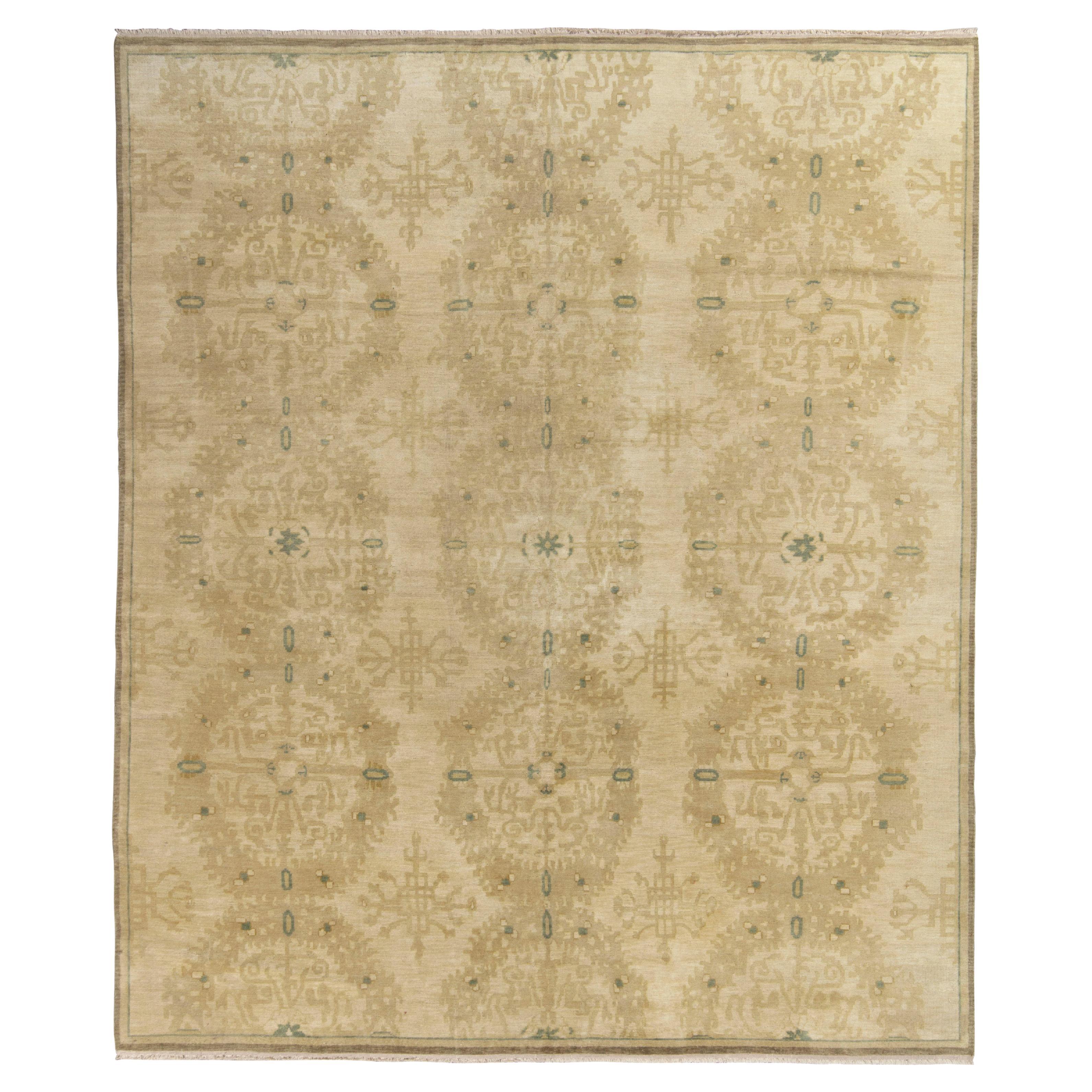 Rug & Kilim’s European Style rug, all over Beige-Brown, Green Medallion Pattern For Sale