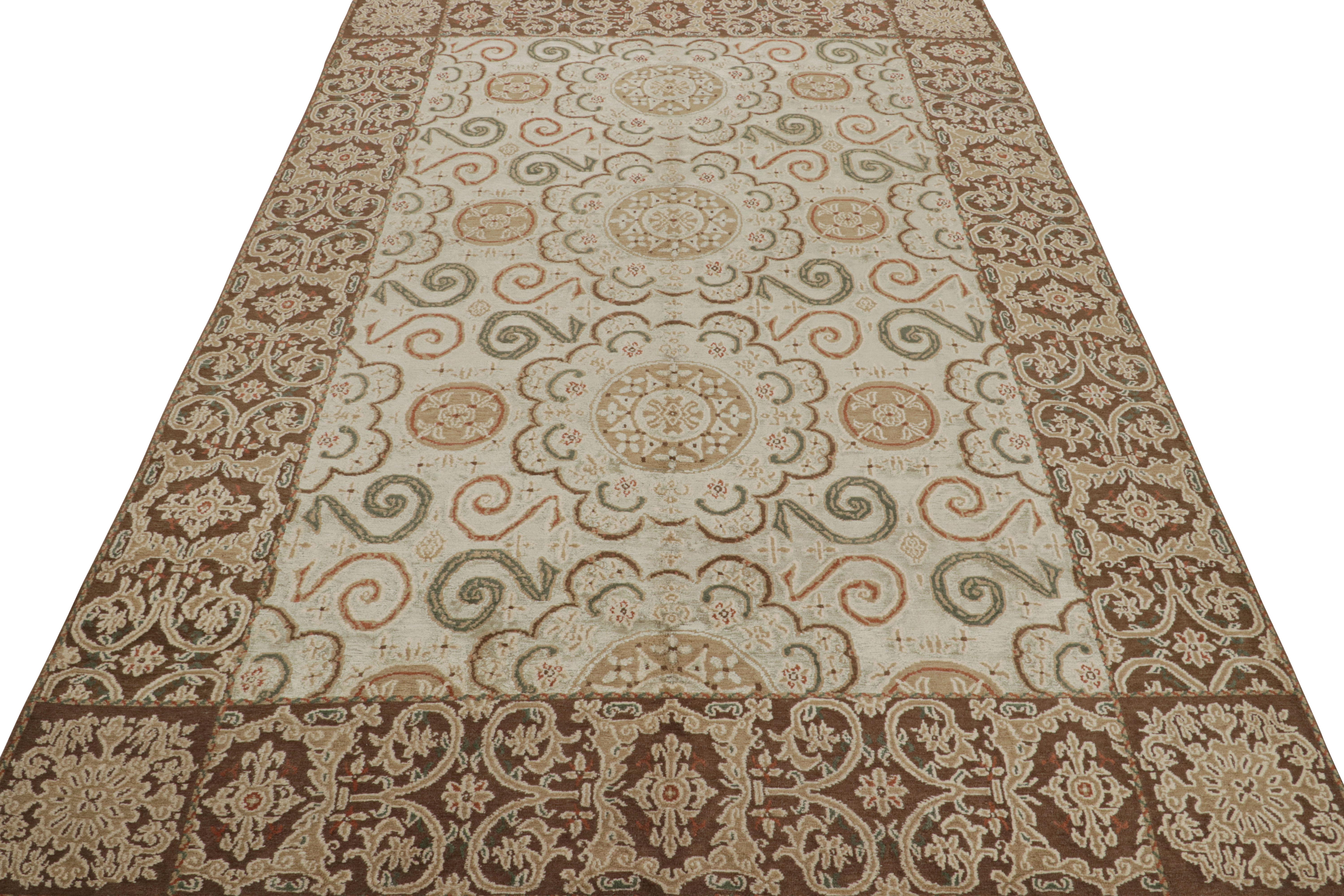 Art Deco Rug & Kilim's European Style Rug Beige-Brown Green Wool Silk Custom Floral For Sale