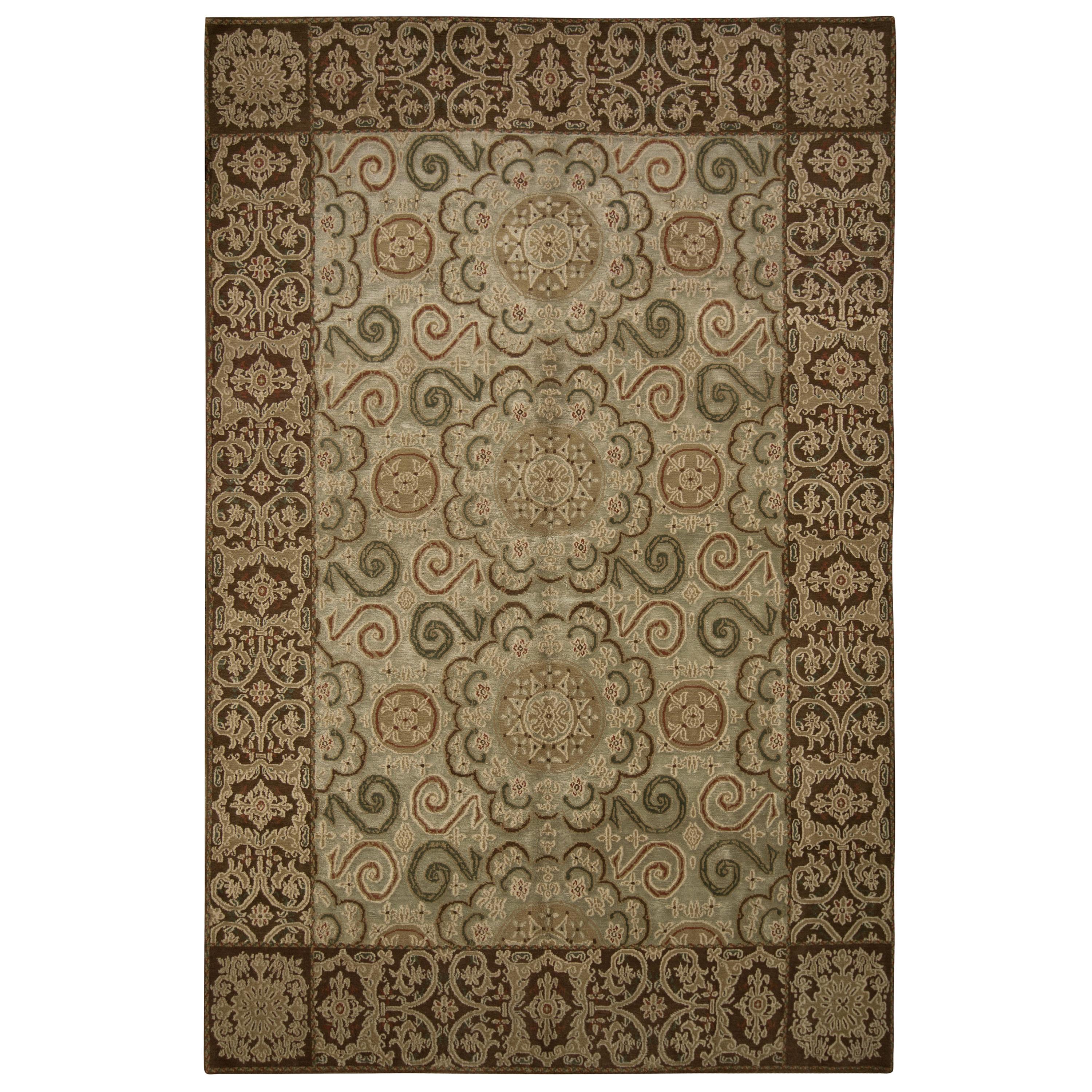 Teppich & Kelim-Teppich im europäischen Stil aus beige-brauner und grüner Wolle und Seide mit Blumenmuster im Angebot