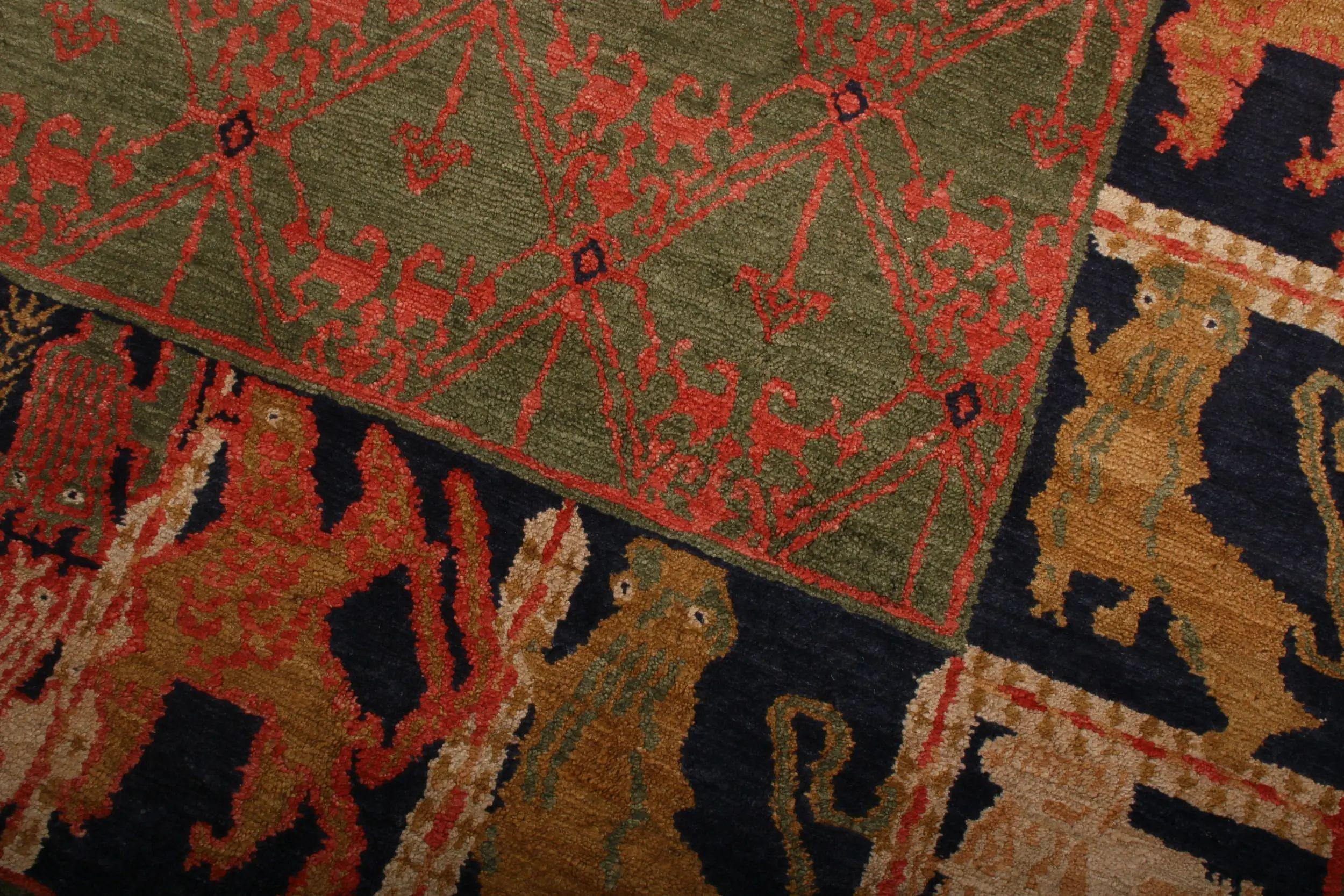 Annodato a mano Rug & Kilim, Tappeto in stile europeo, verde, rosso e blu, floreale, bordo pittorico in vendita