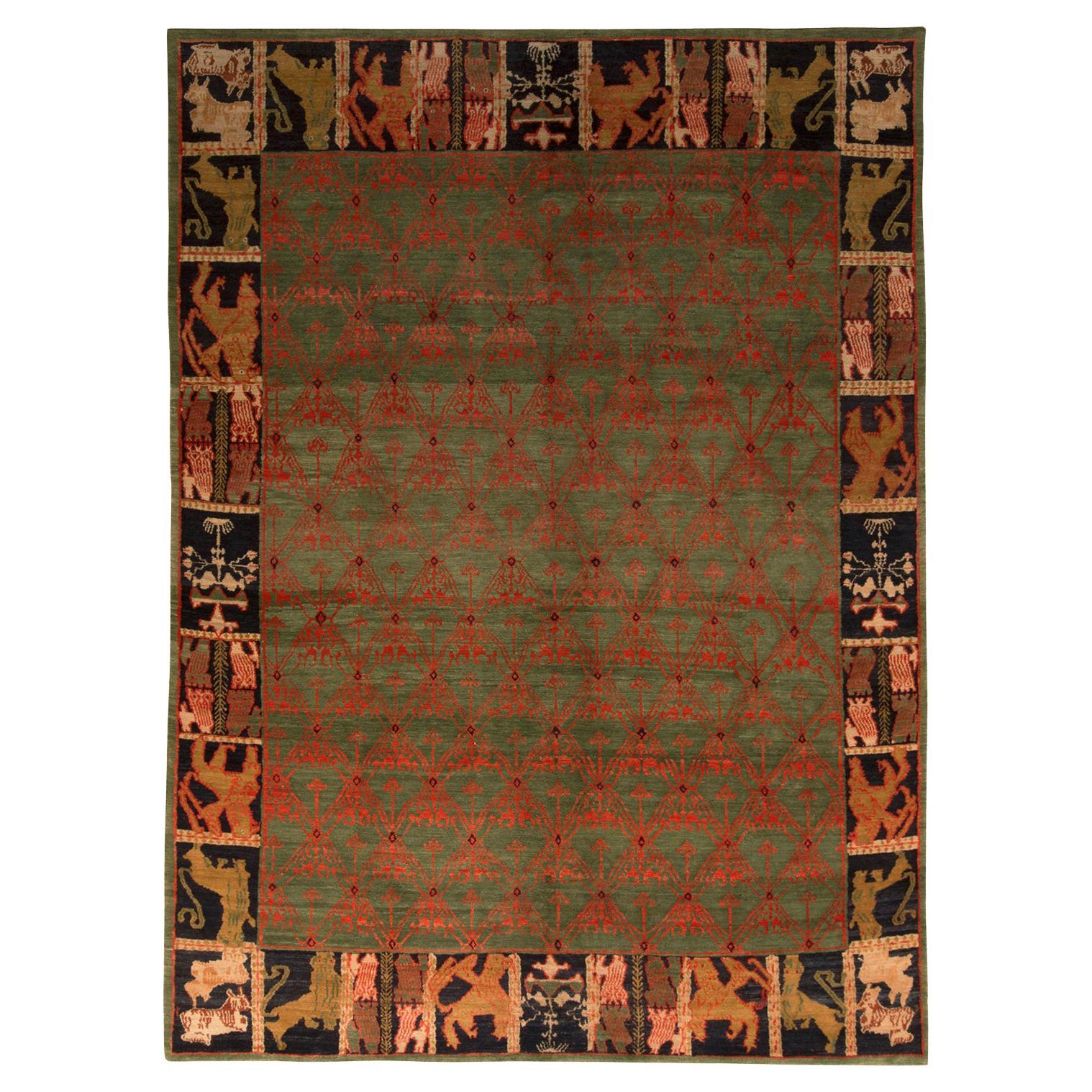 Rug & Kilim's Teppich im europäischen Stil, grün, rot und blau, floral, mit malerischer Bordüre