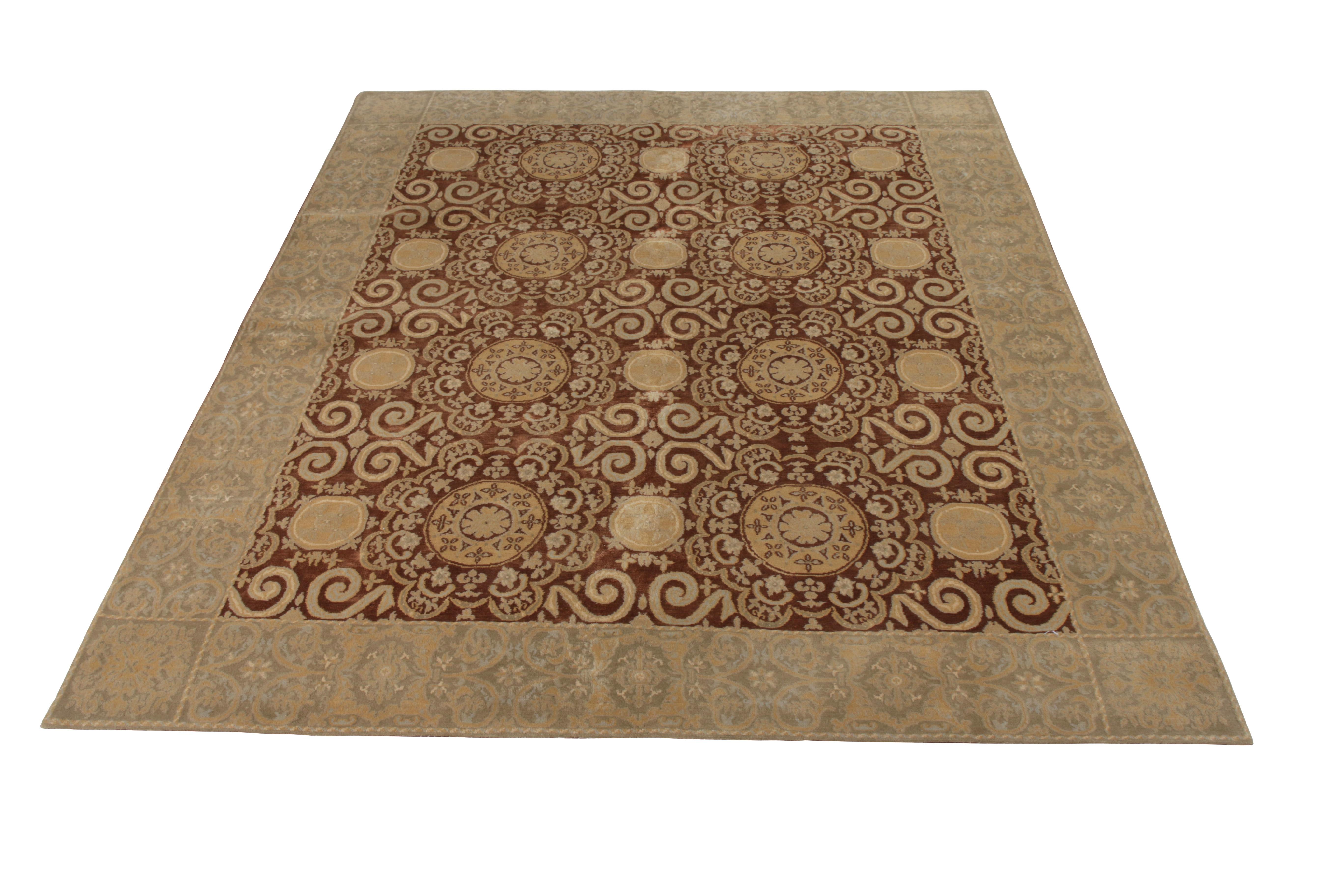 An 8x10 ode to classic Spanish rug styles from Rug & Kilim’s European Collection, affectionately dubbed “Cartagena''. Hand knotted in a proprietary wool and silk blend, enjoying beige-brown and blue colorways throughout the all over pattern. 

On