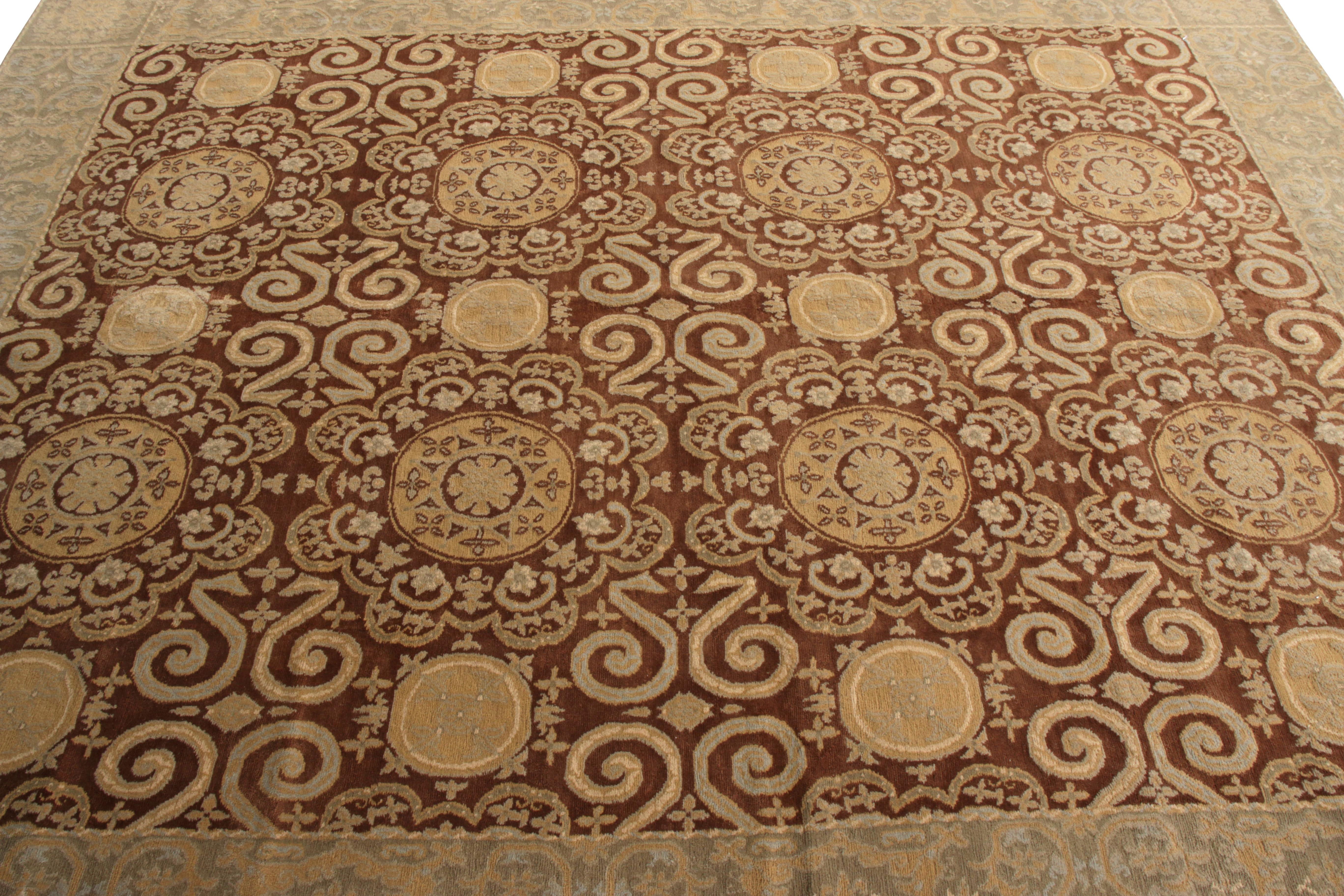 Nepalese Rug & Kilim’s European Style Rug in Beige-Brown and Blue All Over Pattern For Sale