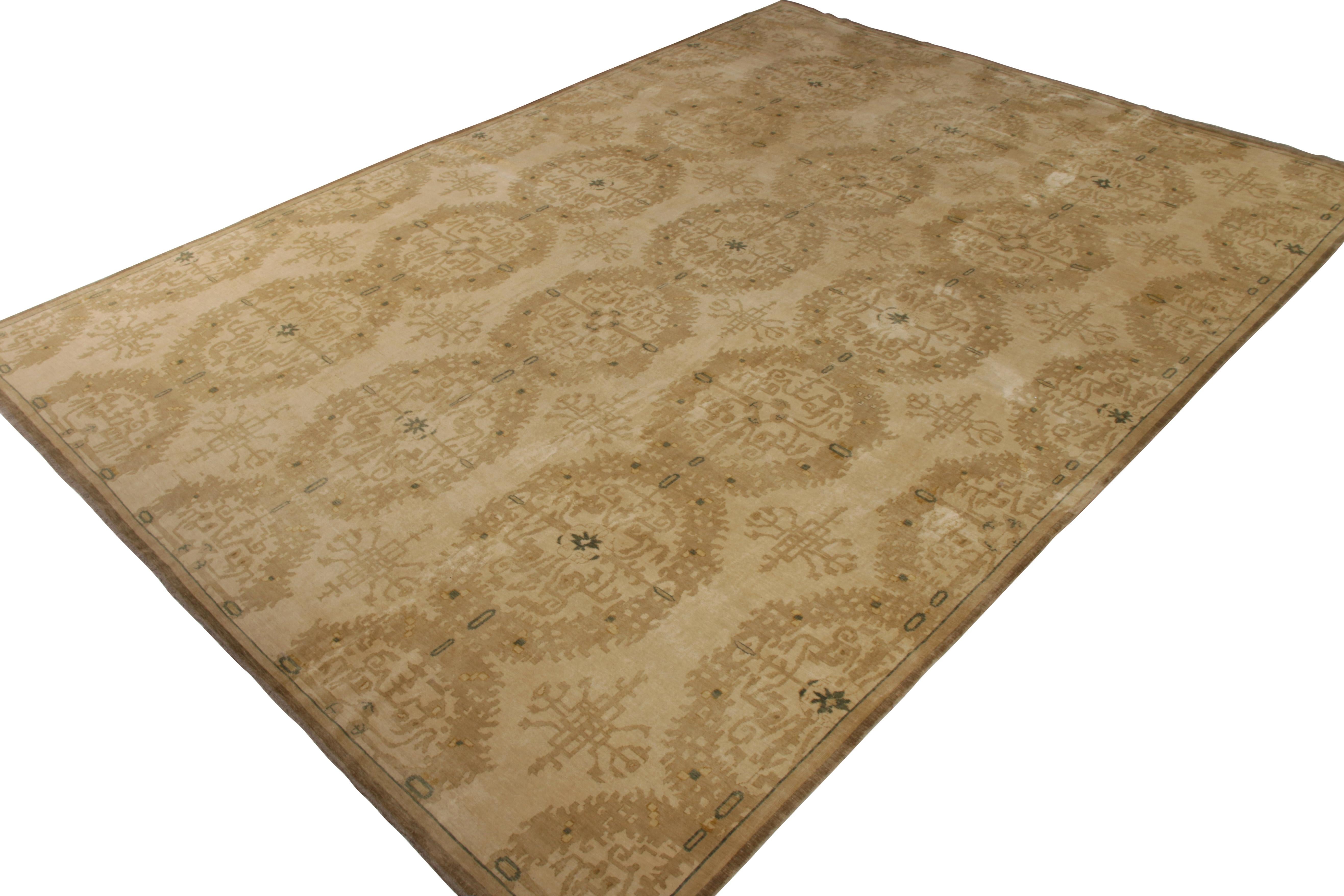 Hand-knotted in Nepal with high-quality wool and chic, luminous silk, this modern rug features a Cordoba design modeled after the titular acclaimed synagogue of Spain. Cordoba patterns are exceedingly individualistic while maintaining their
