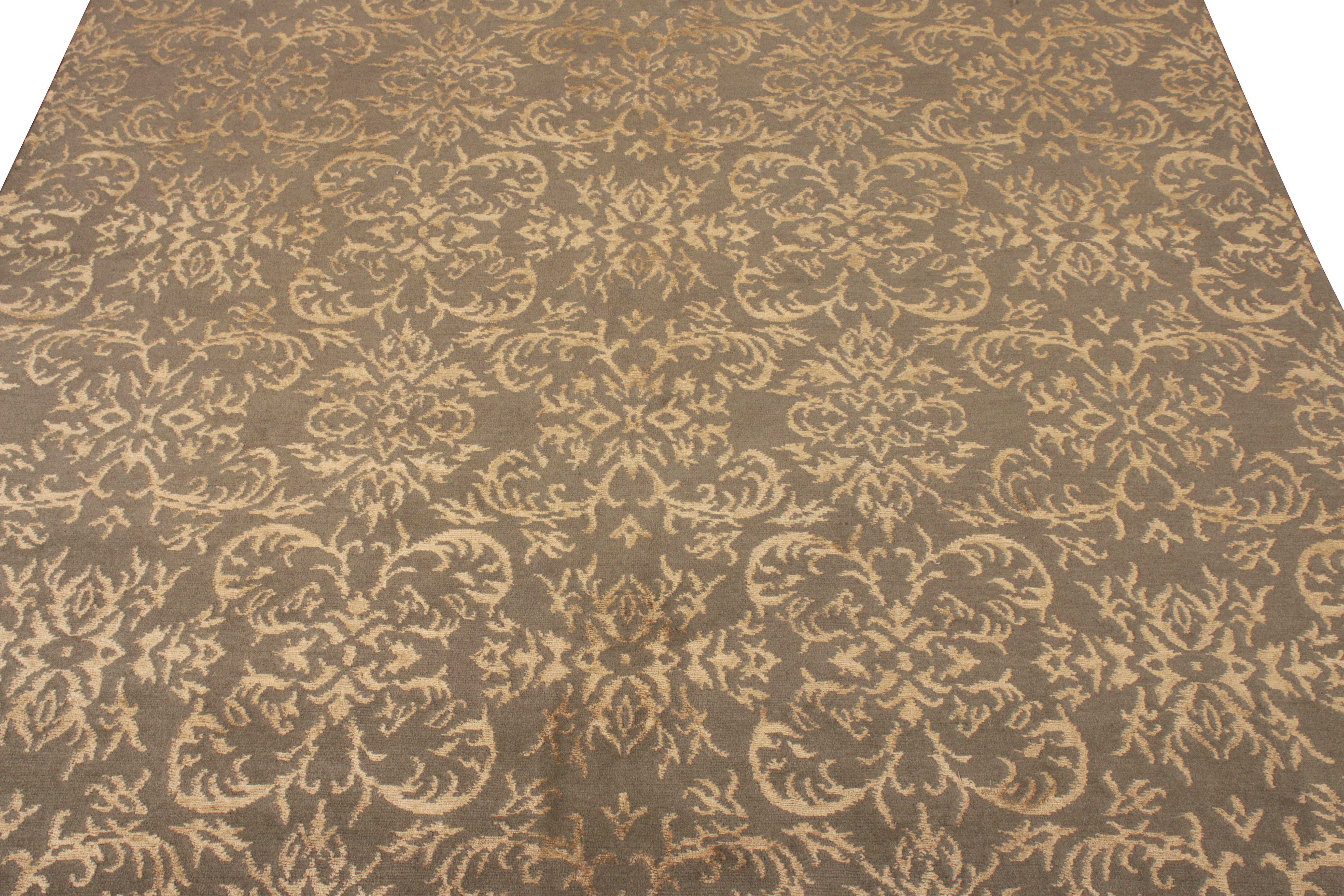 Nepalese Rug & Kilim’s European Style Rug in Beige-Gold and Green Arabesque Pattern For Sale