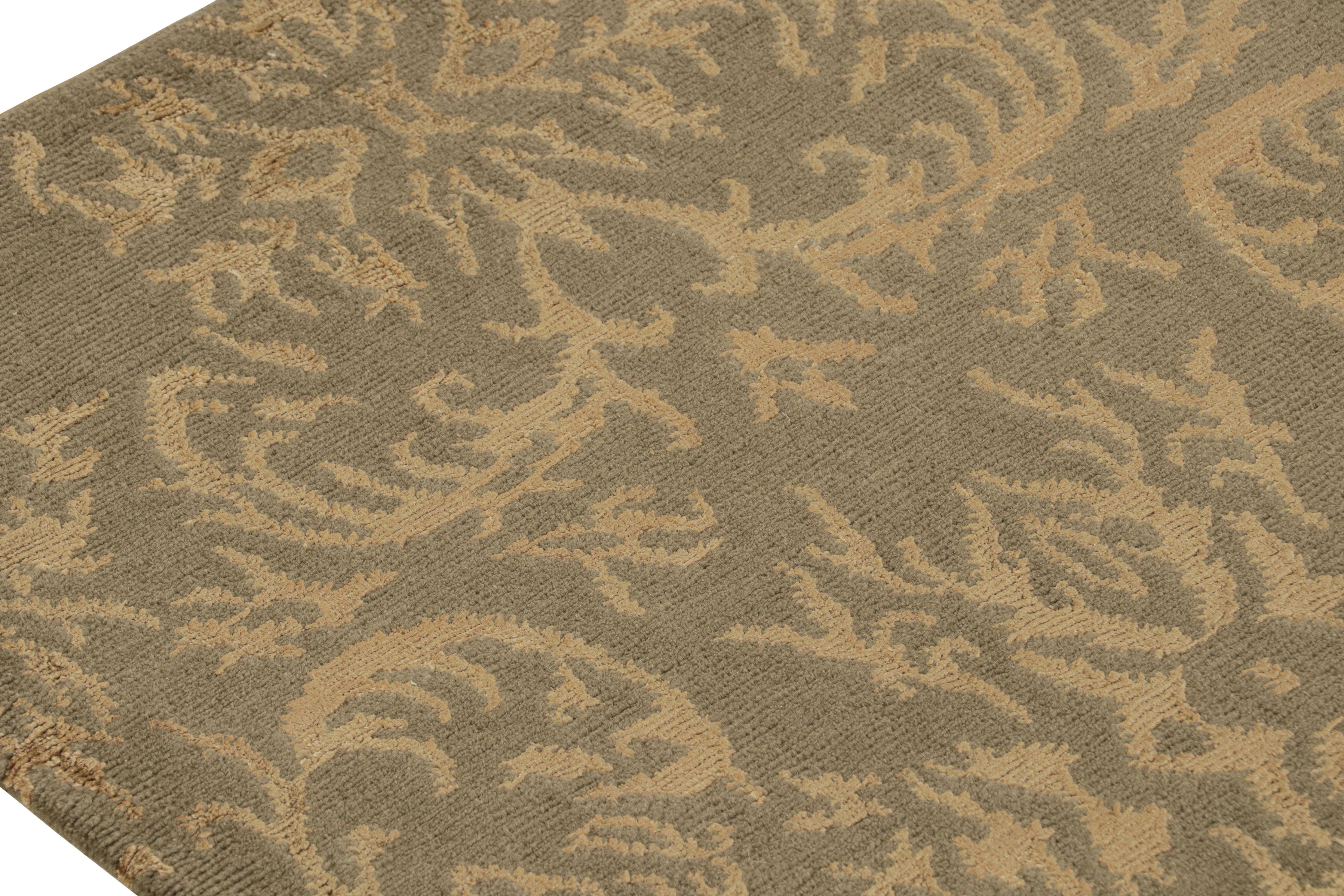 Nepalese Rug & Kilim’s European Style Rug in Beige-Gold and Green Arabesque Pattern For Sale