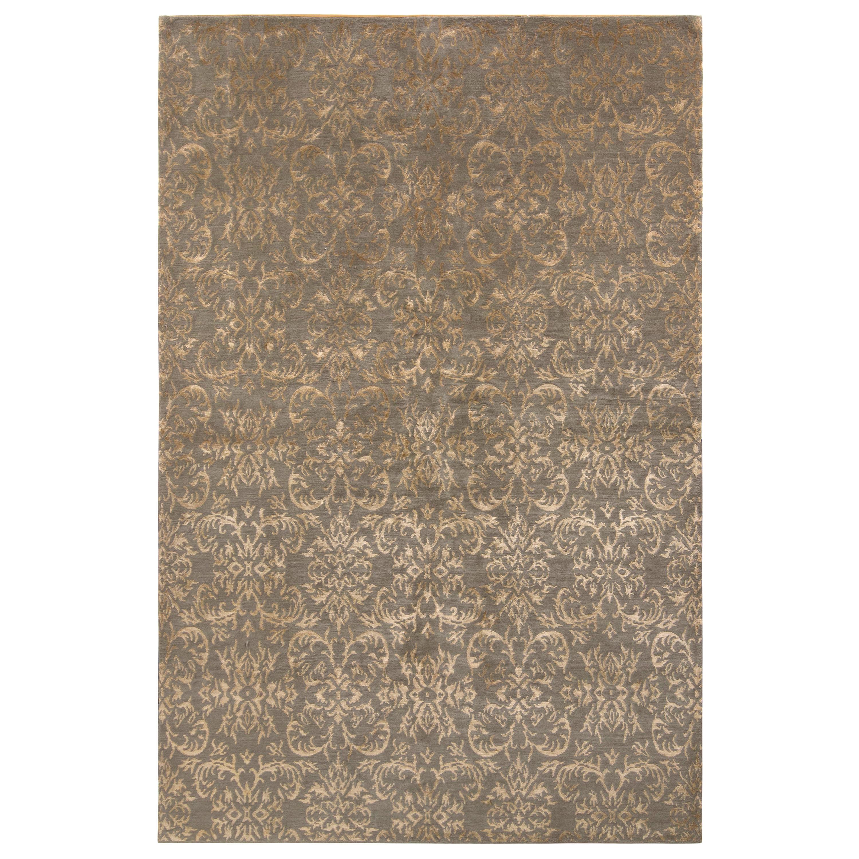 Rug & Kilim’s European Style Rug in Beige-Gold and Green Arabesque Pattern For Sale