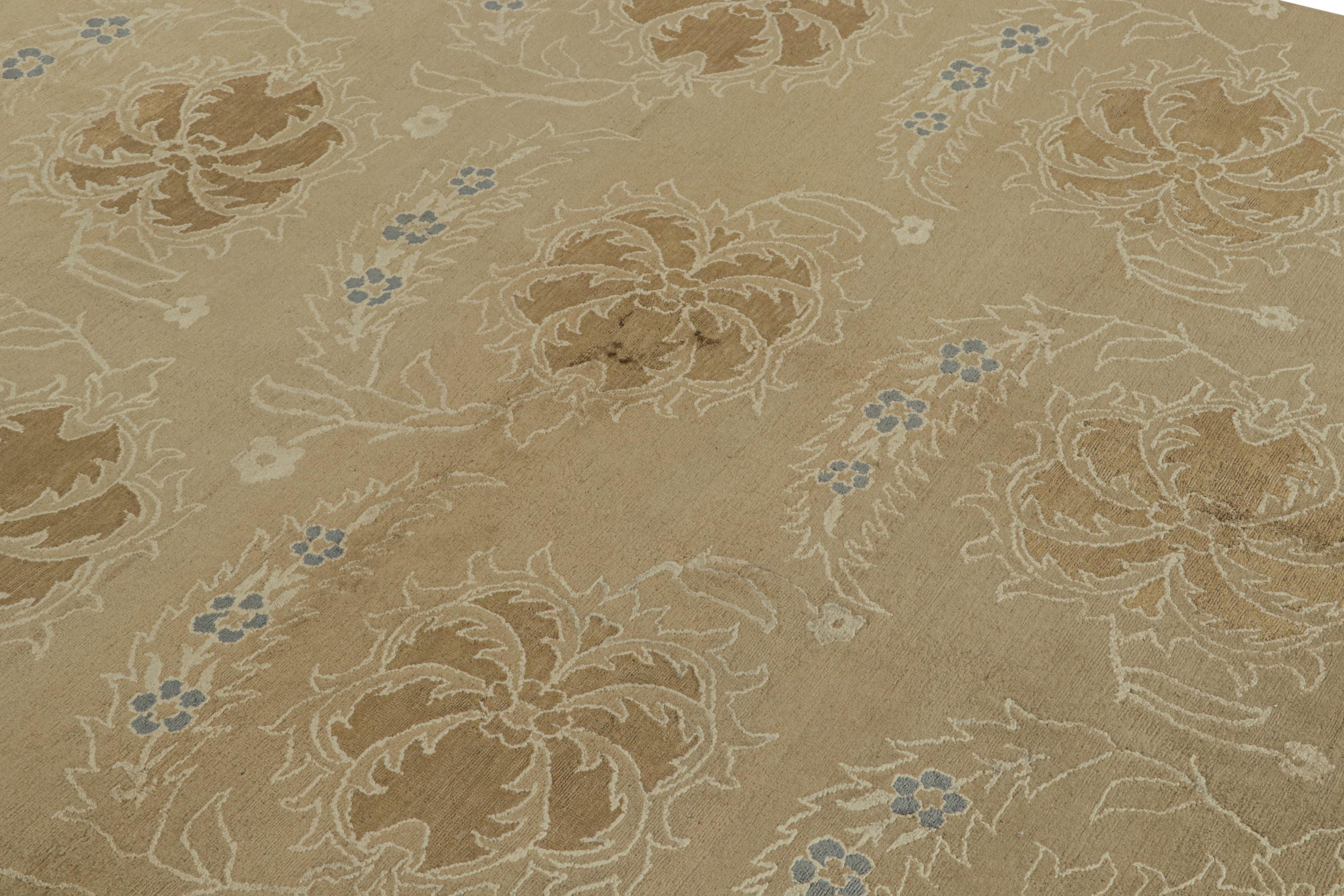 Nepalese Rug & Kilim’s European Style Rug in Beige with Floral Patterns “Blue Carnation” For Sale
