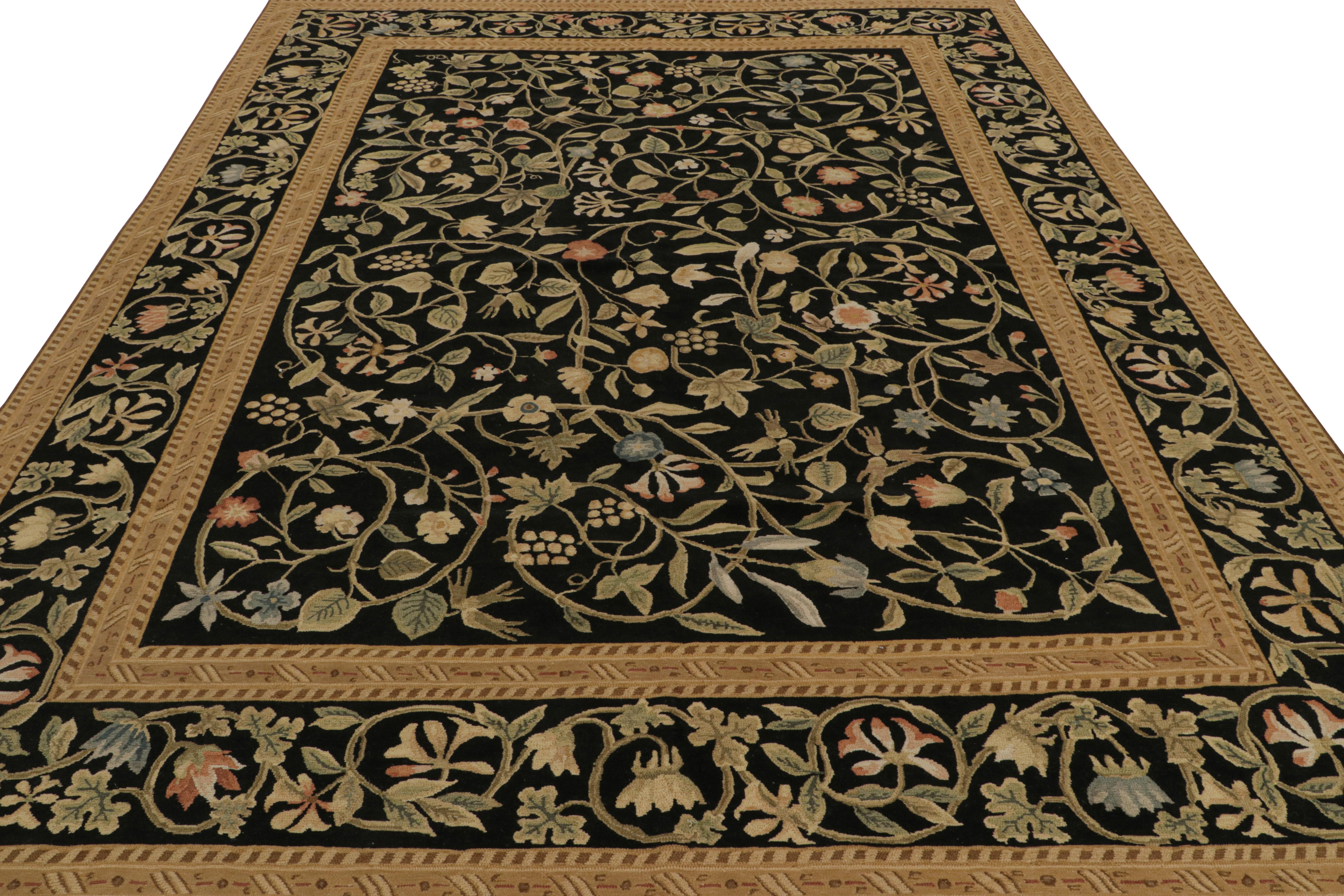 Modern Rug & kilim’s European Style Rug in Black with Beige and Green Floral Patterns For Sale