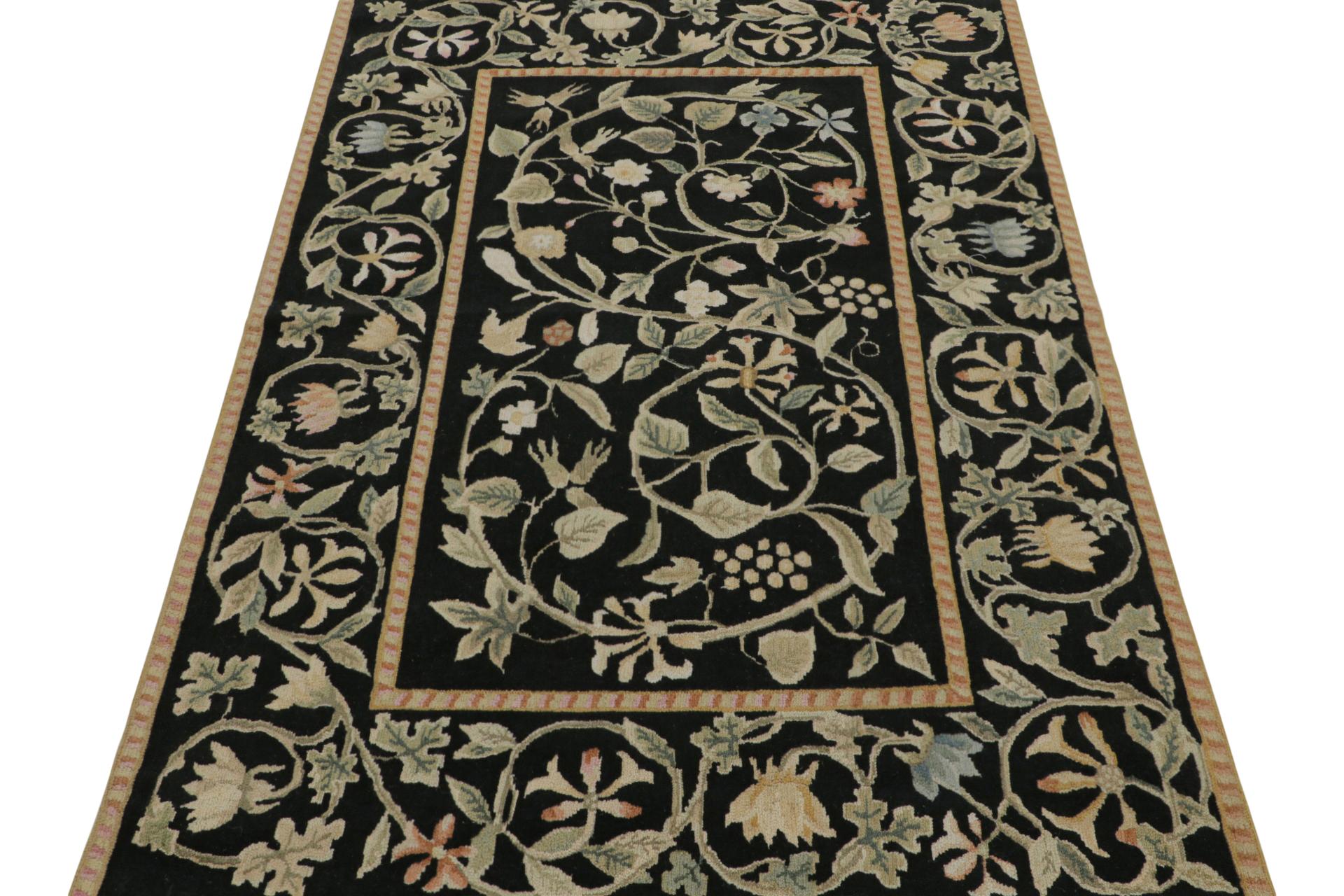 Tudor Rug & kilim’s European Style Rug in Black with Beige and Green Floral Patterns For Sale