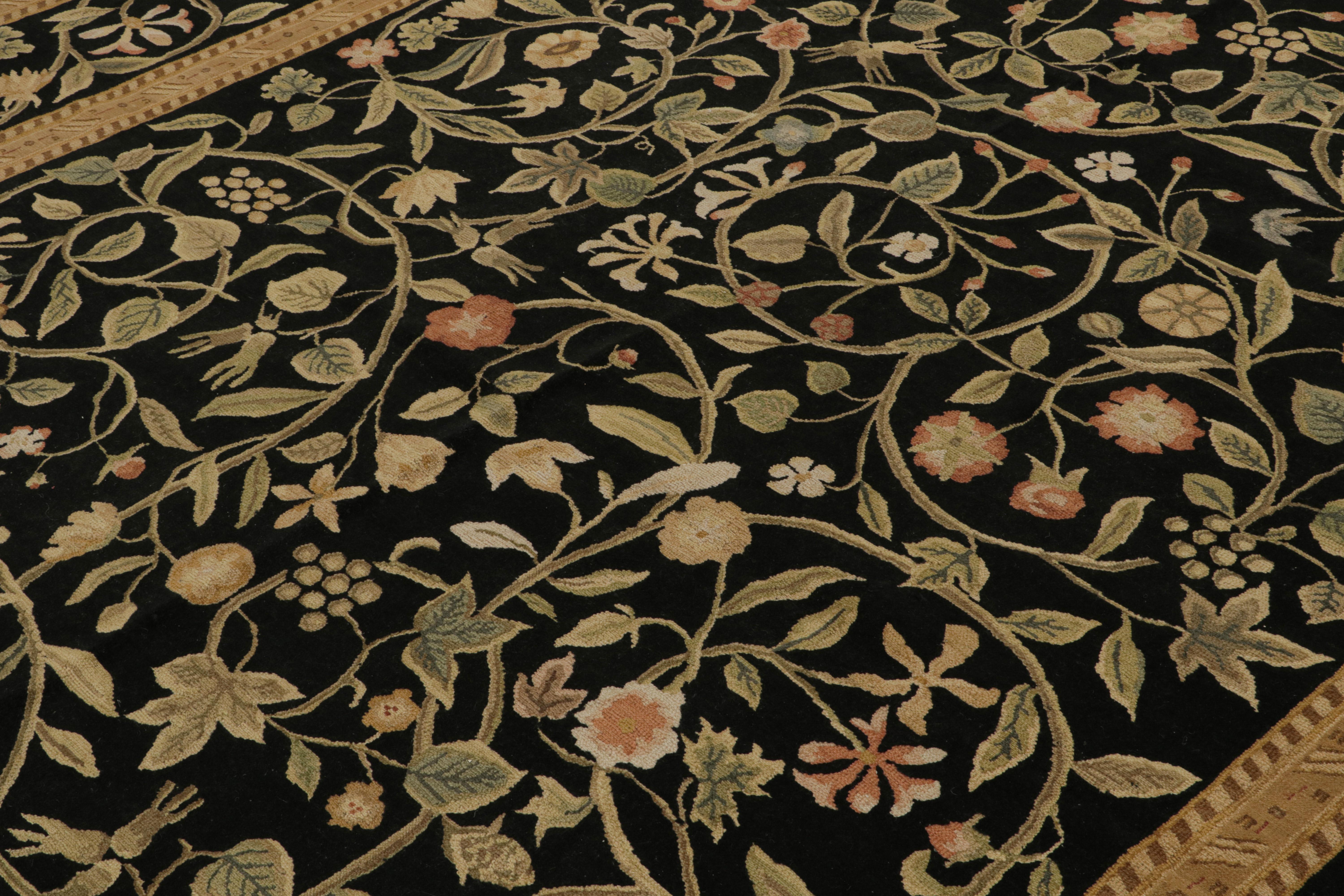Chinese Rug & kilim’s European Style Rug in Black with Beige and Green Floral Patterns For Sale