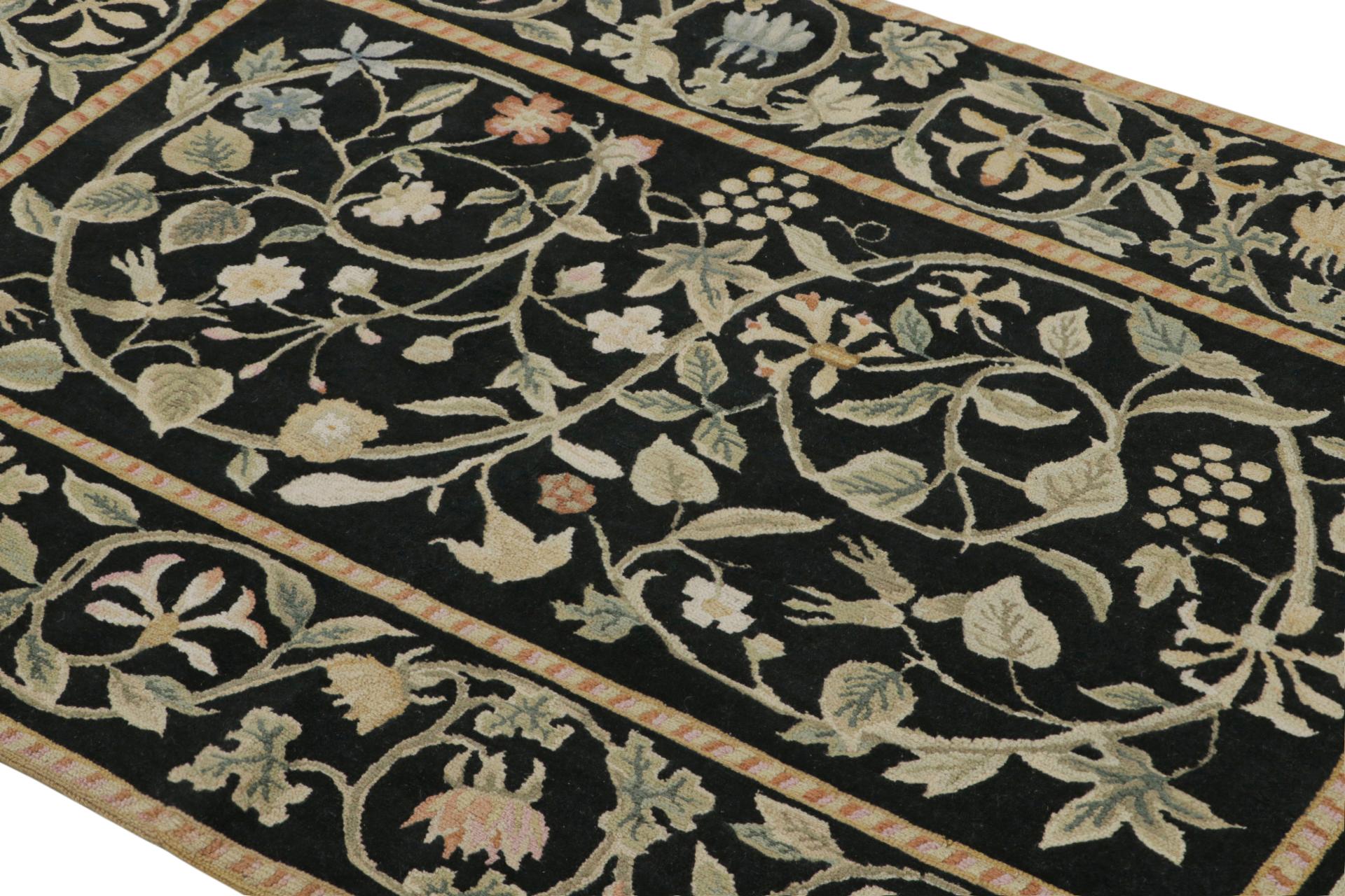 Chinese Rug & kilim’s European Style Rug in Black with Beige and Green Floral Patterns For Sale